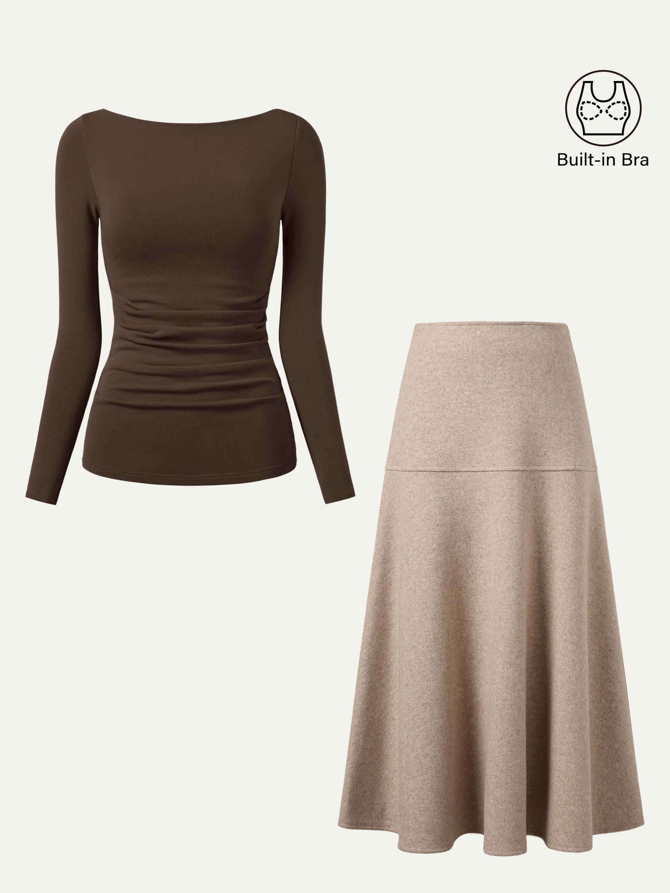 2Pcs Set Boatneck Tucks Brami Top & Flared Maxi Skirt Basic Sweatshirt