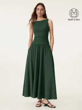 V-neck Shirt 2Pcs Set Stretch Cotton Boatneck Brami Tank & Maxi Umbrella Skirt with Pockets