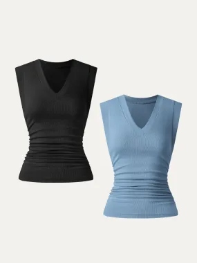 TwoToneEffect 2Pcs Set Stretch Cotton V-neck Side Ruched Muscle Tee