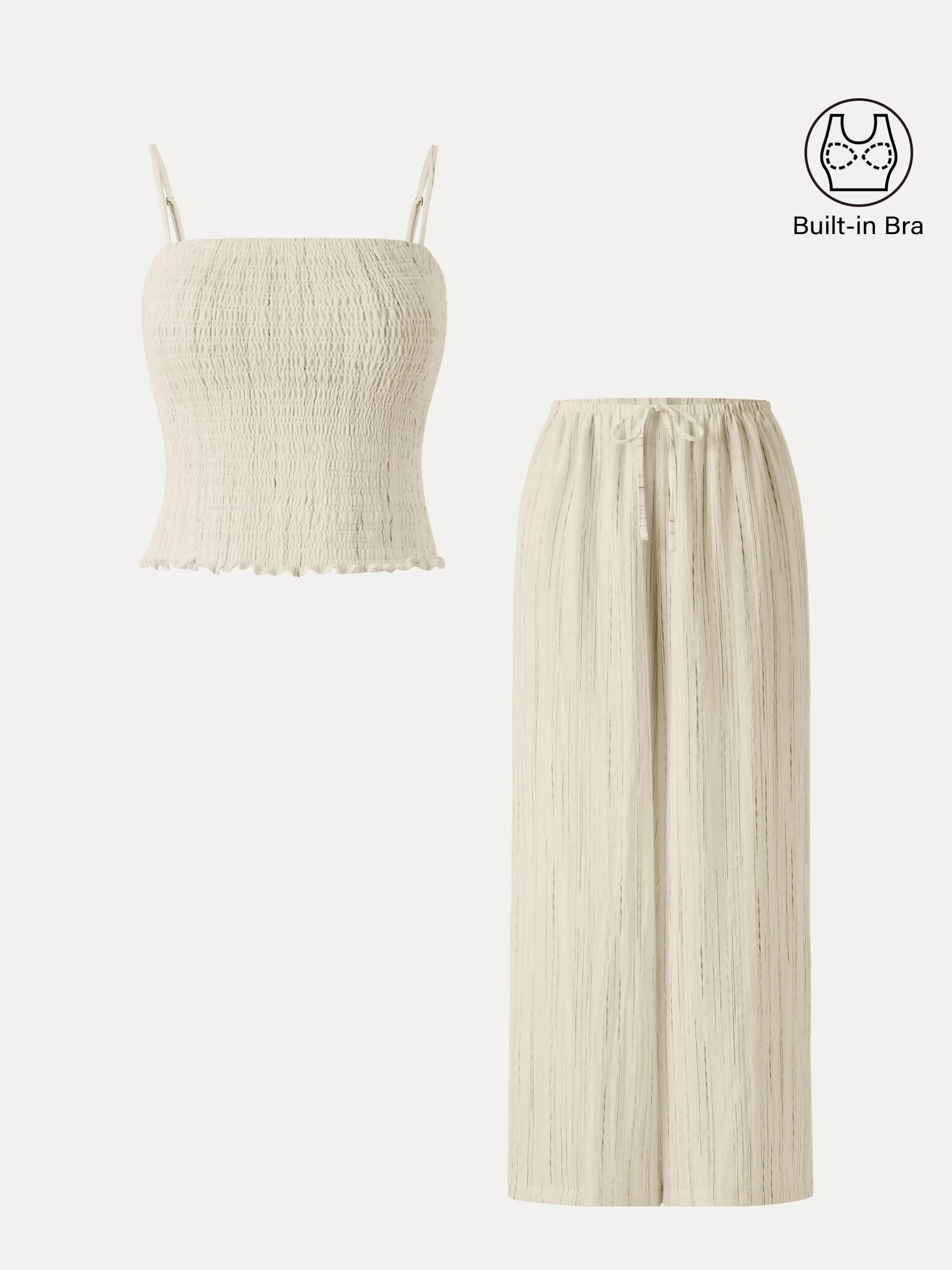 2Pcs Set Striped Adjustable Spaghetti Brami &  Striped Wide Leg Pants with Pockets Urban Edge Soft Touch Material