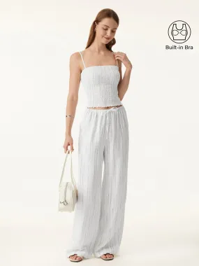 2Pcs Set Striped Adjustable Spaghetti Brami &  Striped Wide Leg Pants with Pockets FlexFoamPadding LowProfileWaistband