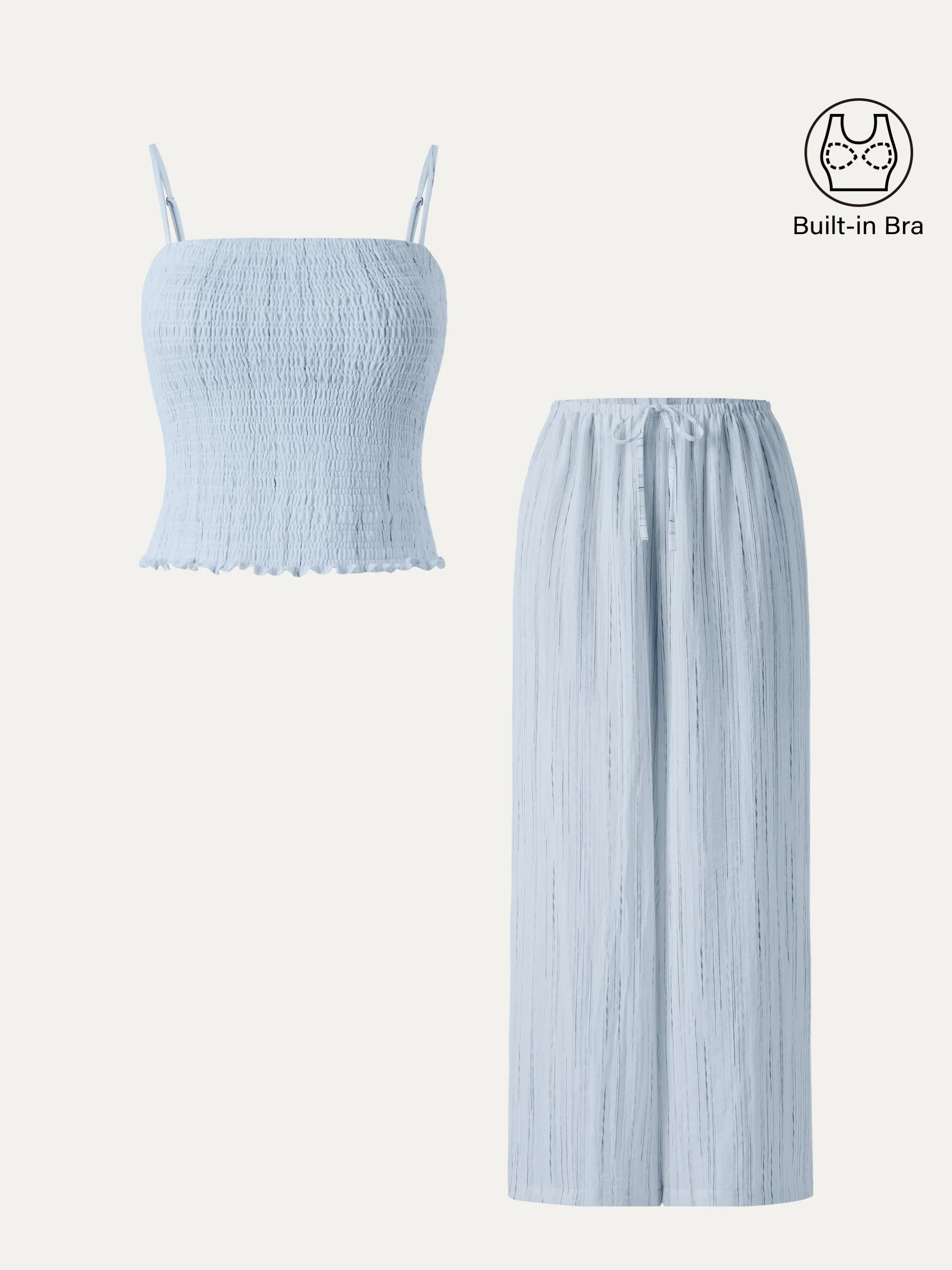 2Pcs Set Striped Adjustable Spaghetti Brami &  Striped Wide Leg Pants with Pockets ReflectiveTrim Heat Friendly