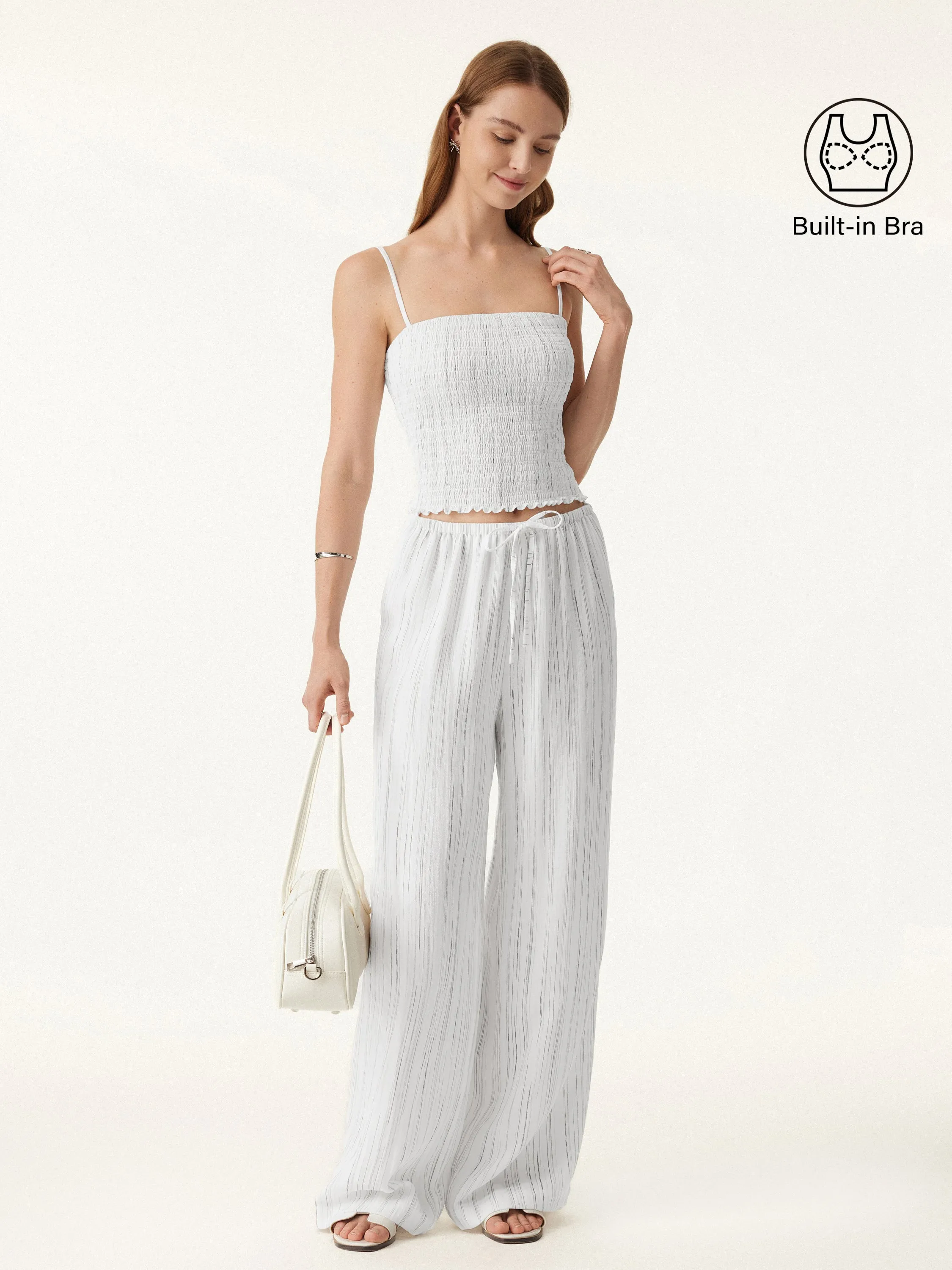 2Pcs Set Striped Adjustable Spaghetti Brami &  Striped Wide Leg Pants with Pockets FlexFoamPadding LowProfileWaistband