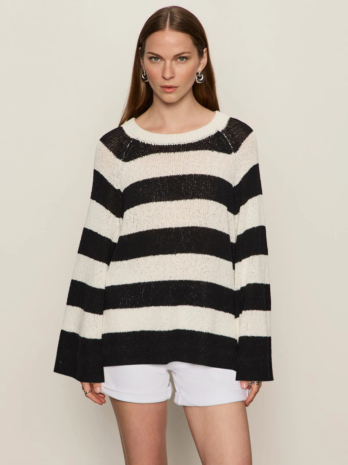 Textured Raglan Crew Sweater Chalk/ Black Stripe Chic Swim