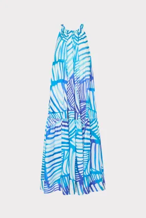 Button-Accents Abstract Blue Tropics Maxi Cover-Up Dress