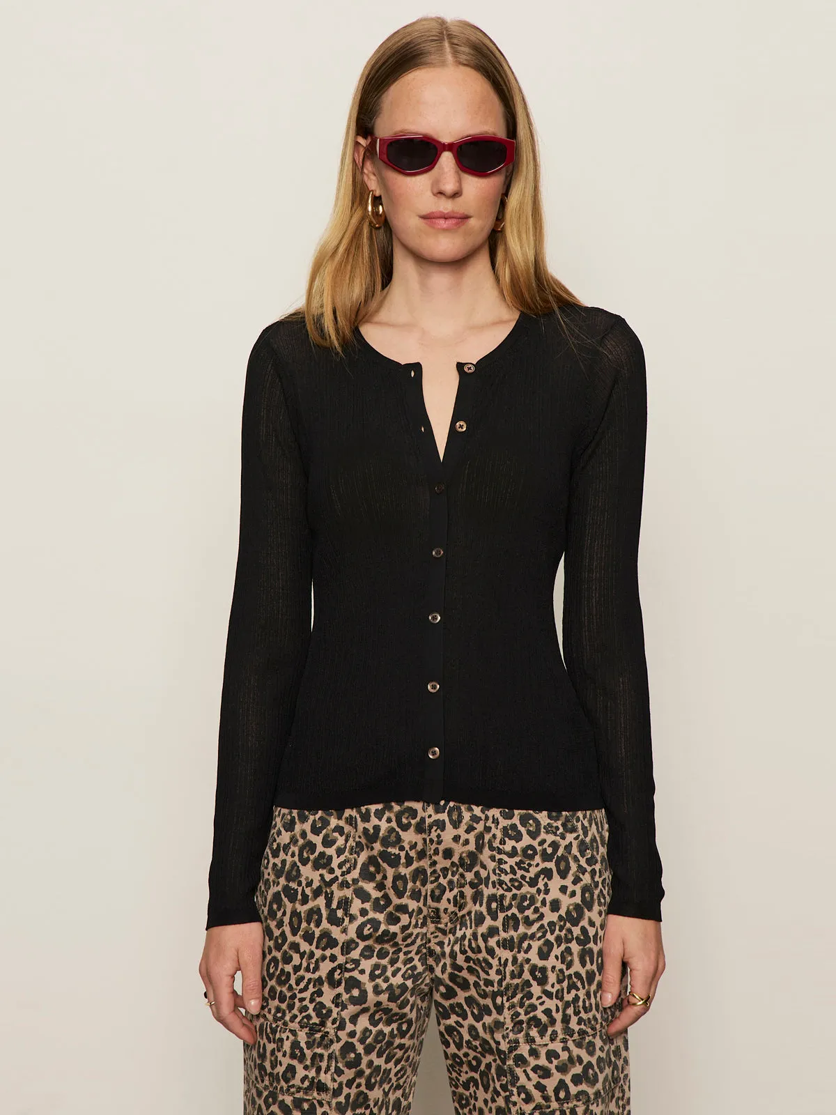 Lightweight Ribbed Cardi Black Layered Neckline