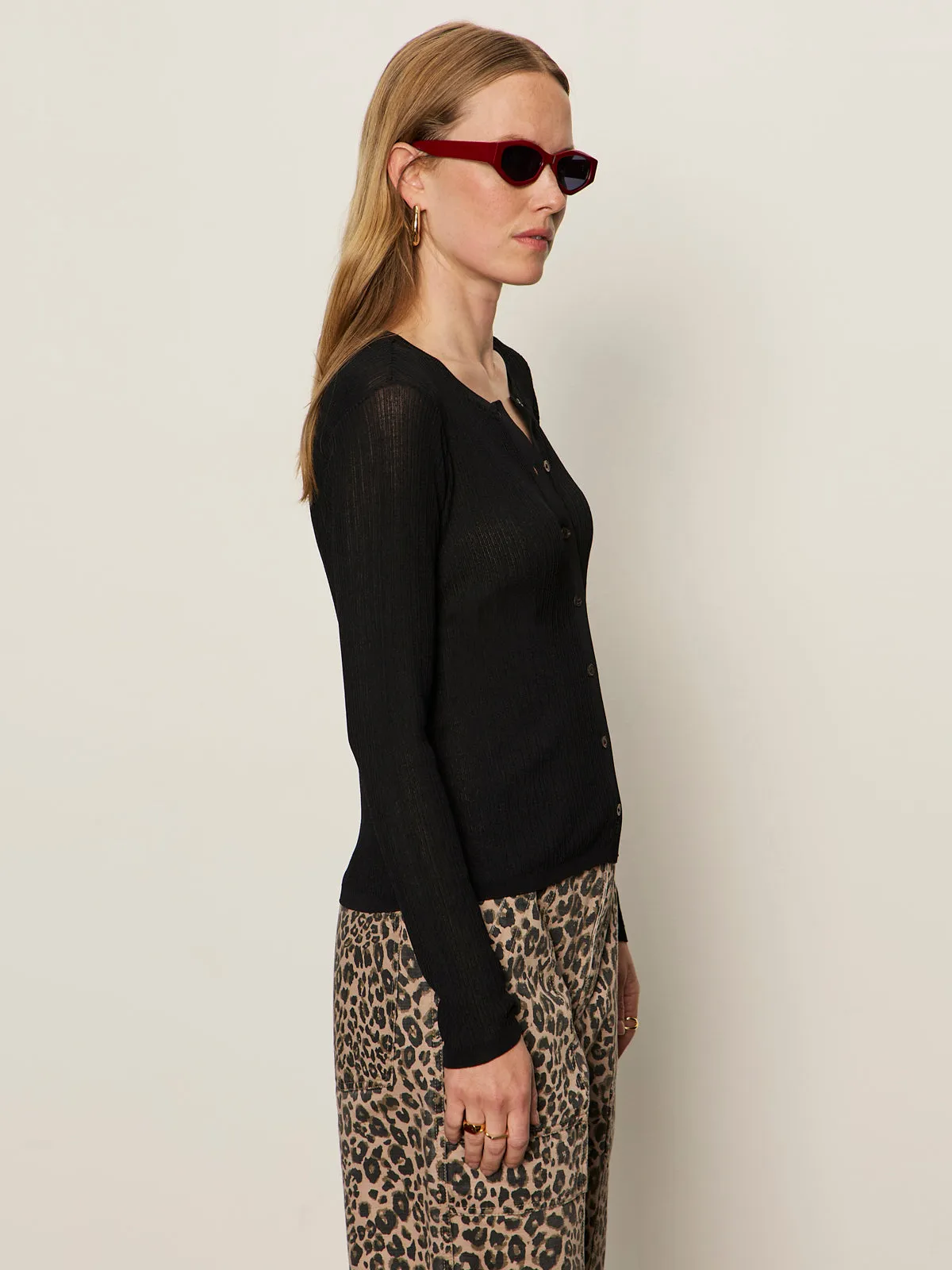 Lightweight Ribbed Cardi Black Classic Comfort