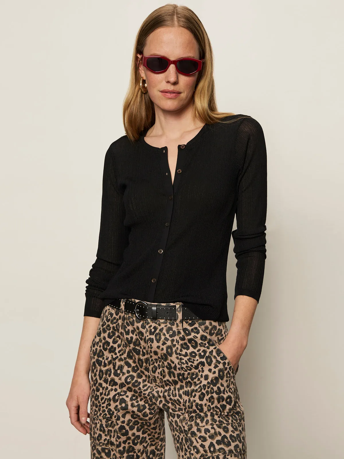 Lightweight Ribbed Cardi Black Light Comfort