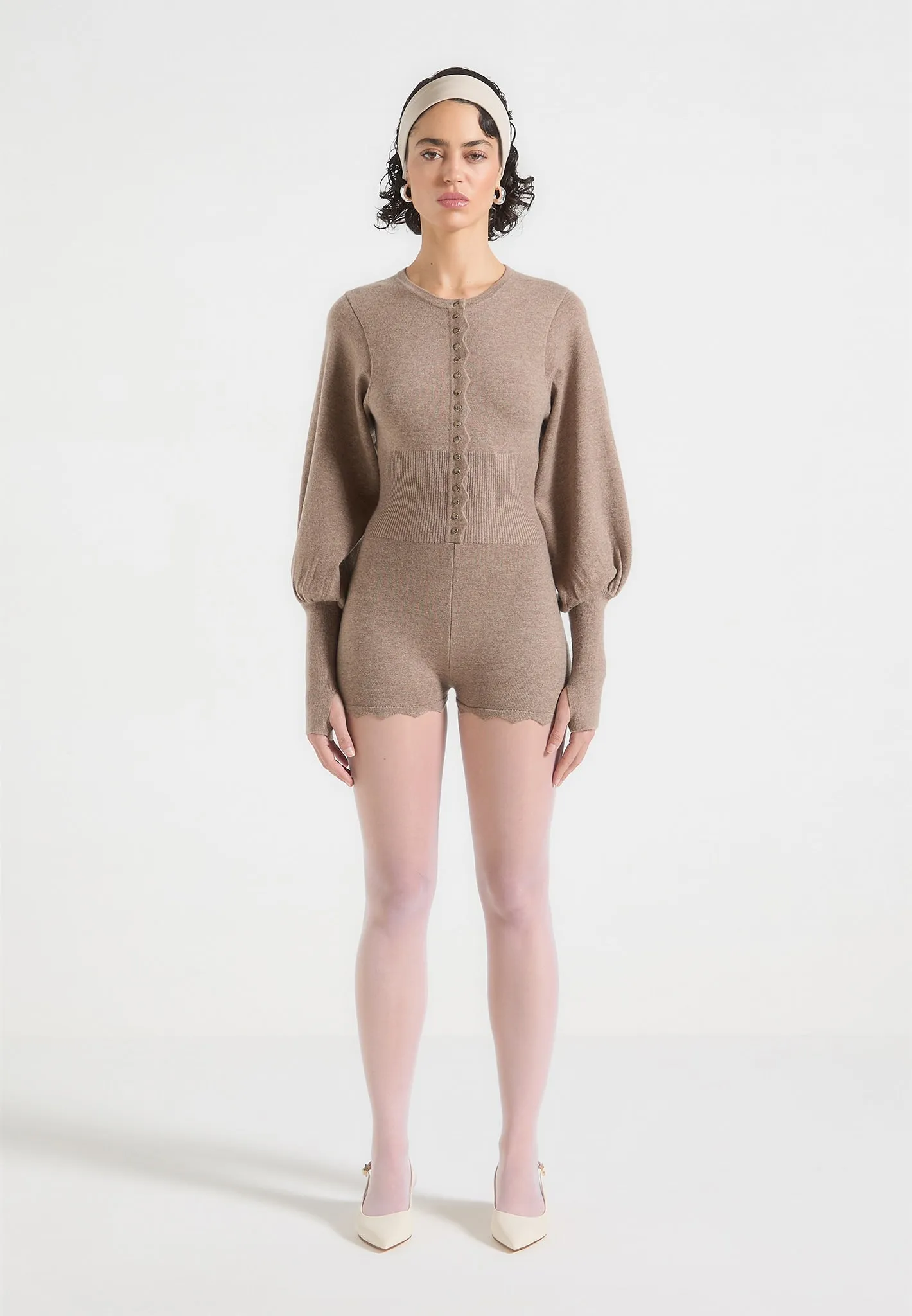 NonRestrictive Armholes Noise Reduced Zipper Michele - Knitted Scallop Hem Playsuit - Taupe