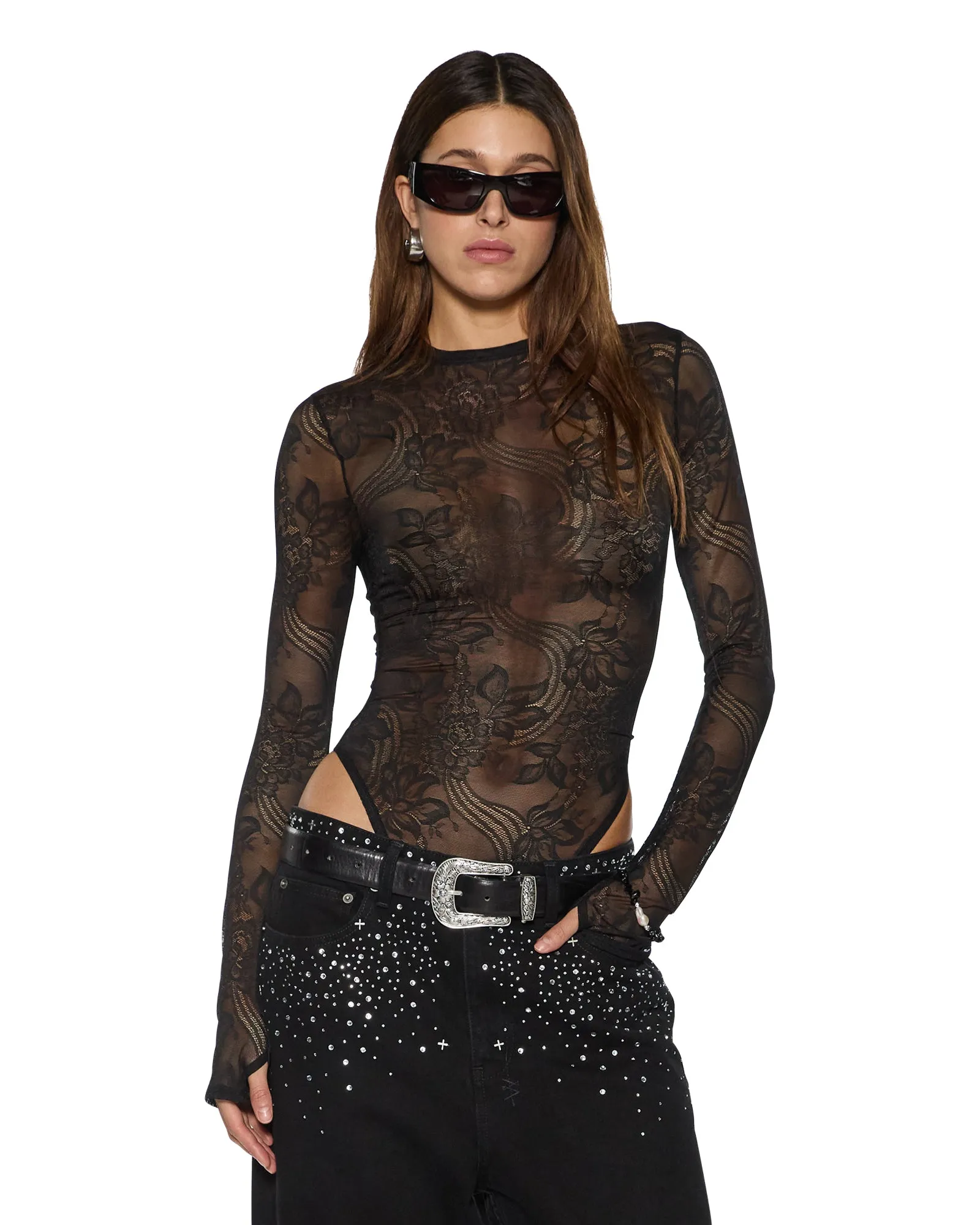 Breathable back panel ADELE LS BODYSUIT BLACK LACE