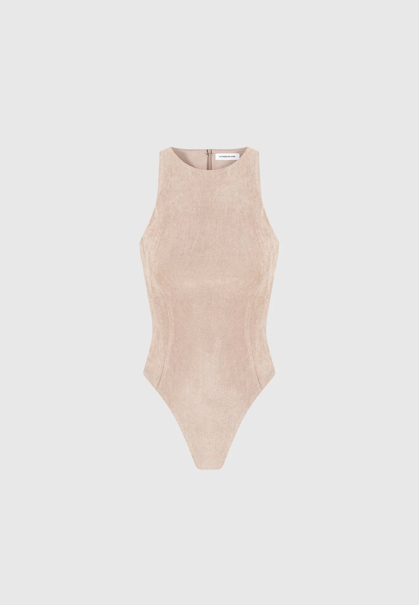 Adele - Suede Racer Neck Bodysuit - Taupe Fade Resistant Coating BiodegradableMaterial
