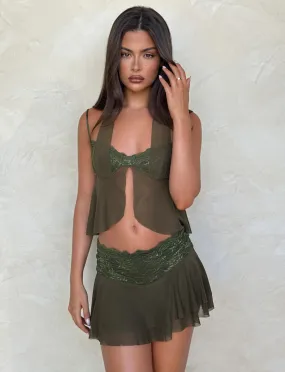 Pleated design ADELINA MINI SKIRT - GREEN : KHAKI GREEN : IVORY