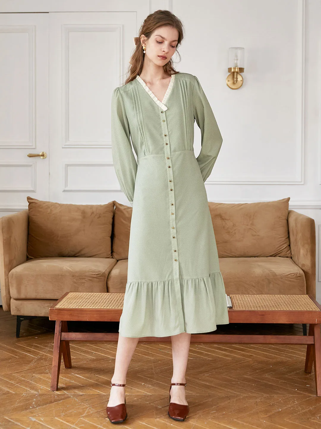 Korean Mood Adelyn V-Neck Polka Dot Midi Dress