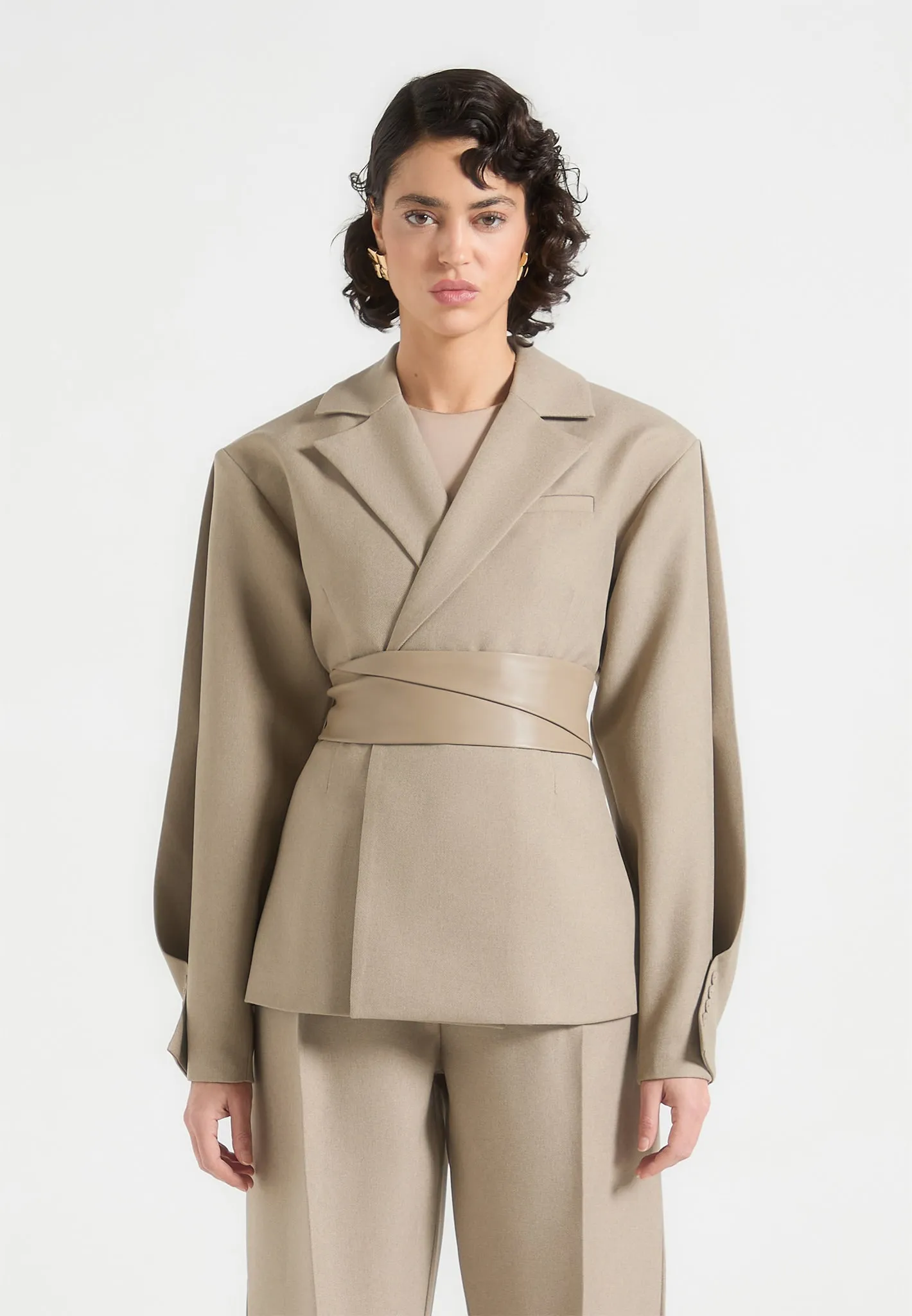 Business Ready Look Seasonal Wear Marie - Twist Sleeve Tailored Blazer with Belt - Taupe