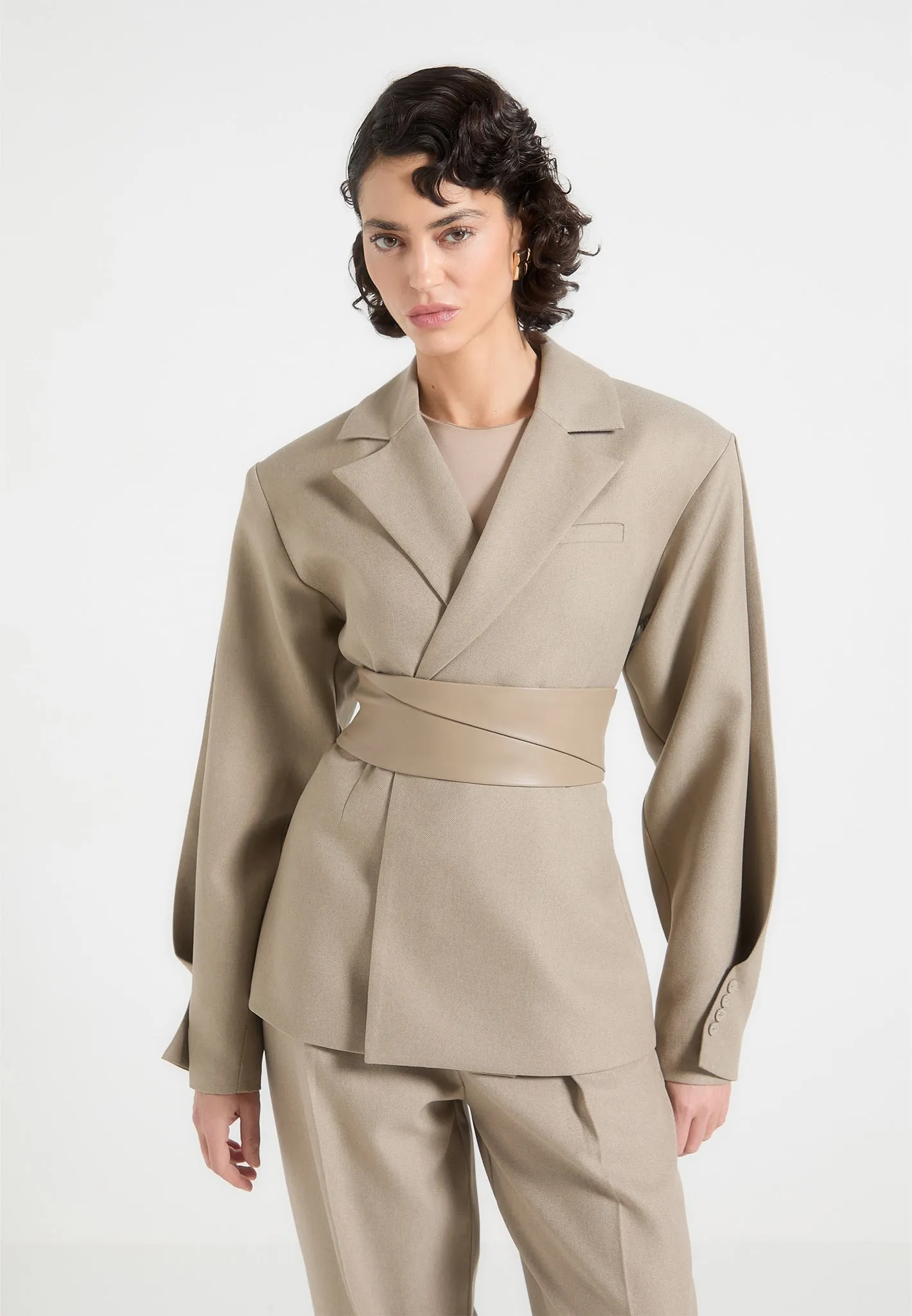 Relaxed Comfort Wear Versatile Style Marie - Twist Sleeve Tailored Blazer with Belt - Taupe