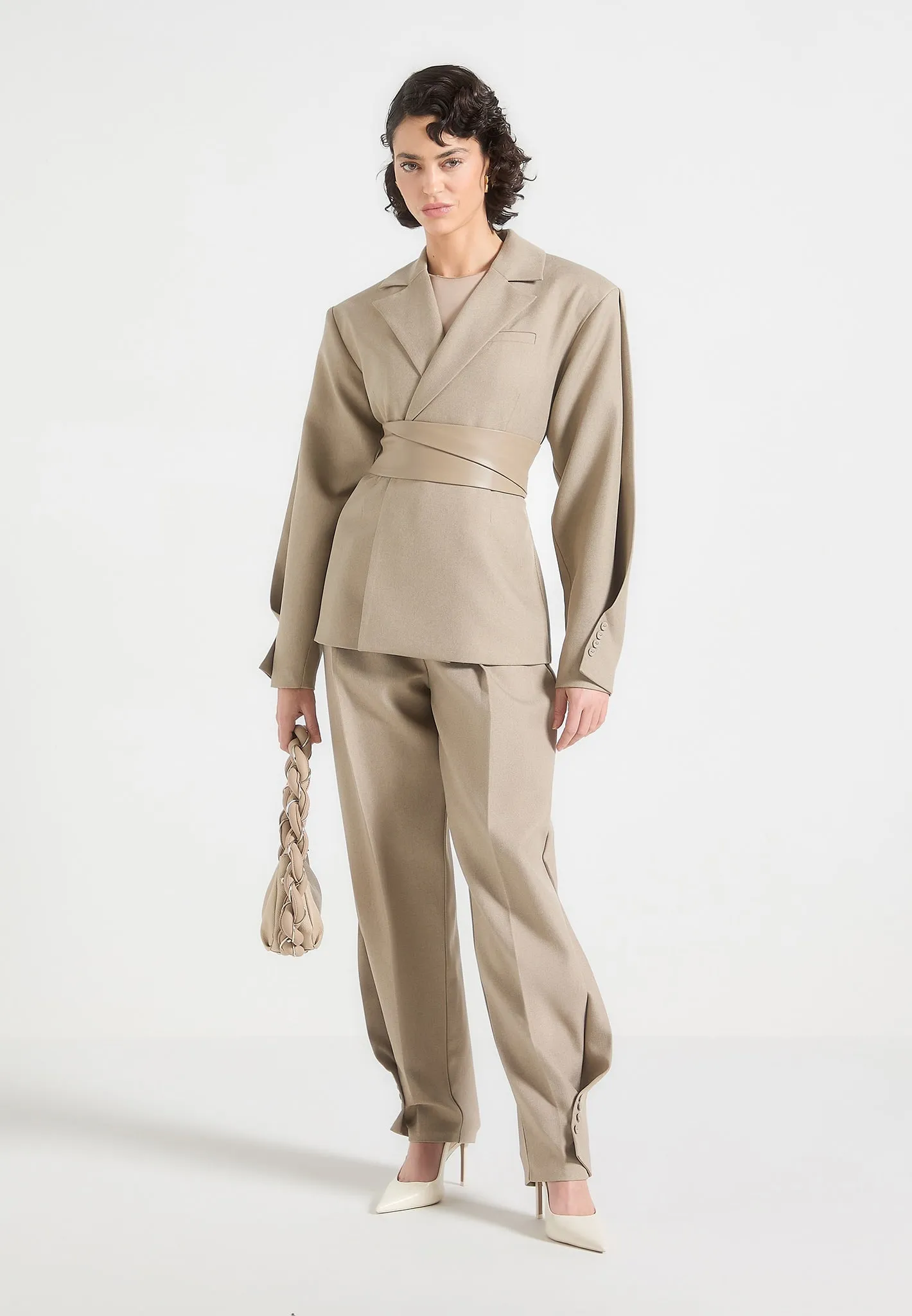 Marie - Twist Sleeve Tailored Blazer with Belt - Taupe Sophisticated Fit Sustainable Production Methods