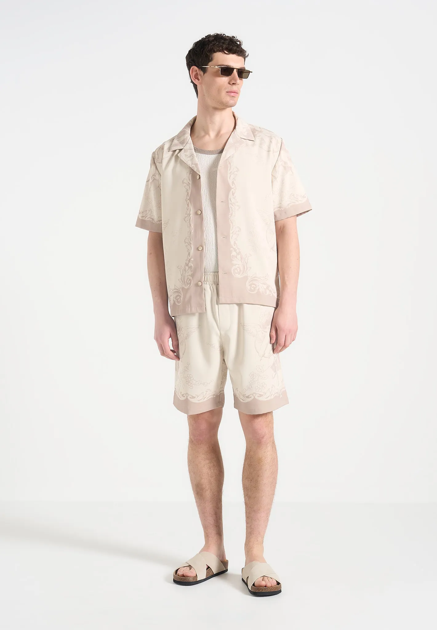 Adrien - Baroque Shorts - Cream/Beige Two Tone Texture Effect Stretch waistband