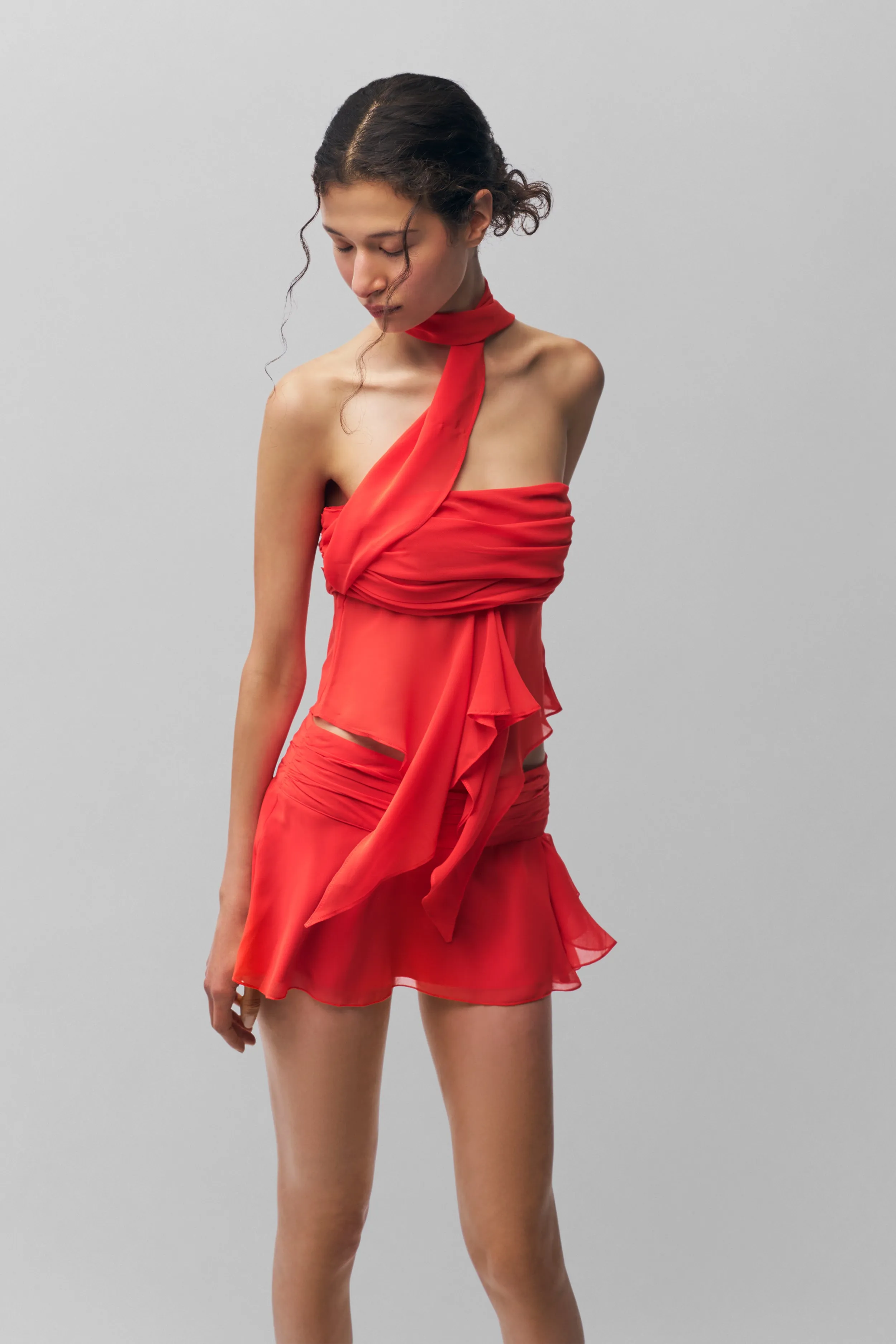 High Density Weave Flexible Knit Chiffon Wrap Around Top