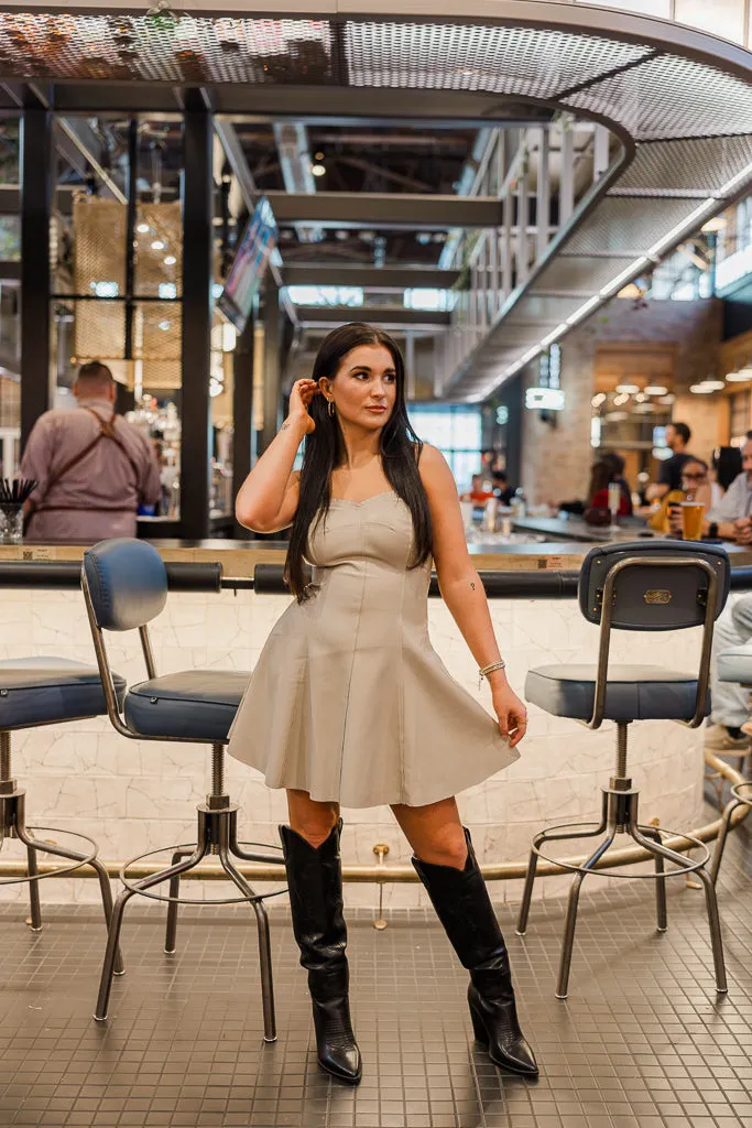 V-neck Shirt Interlock Weave Abony Leather Flare Dress- Ivory