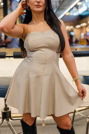 FlatlockSeamTechnique Abony Leather Flare Dress- Ivory