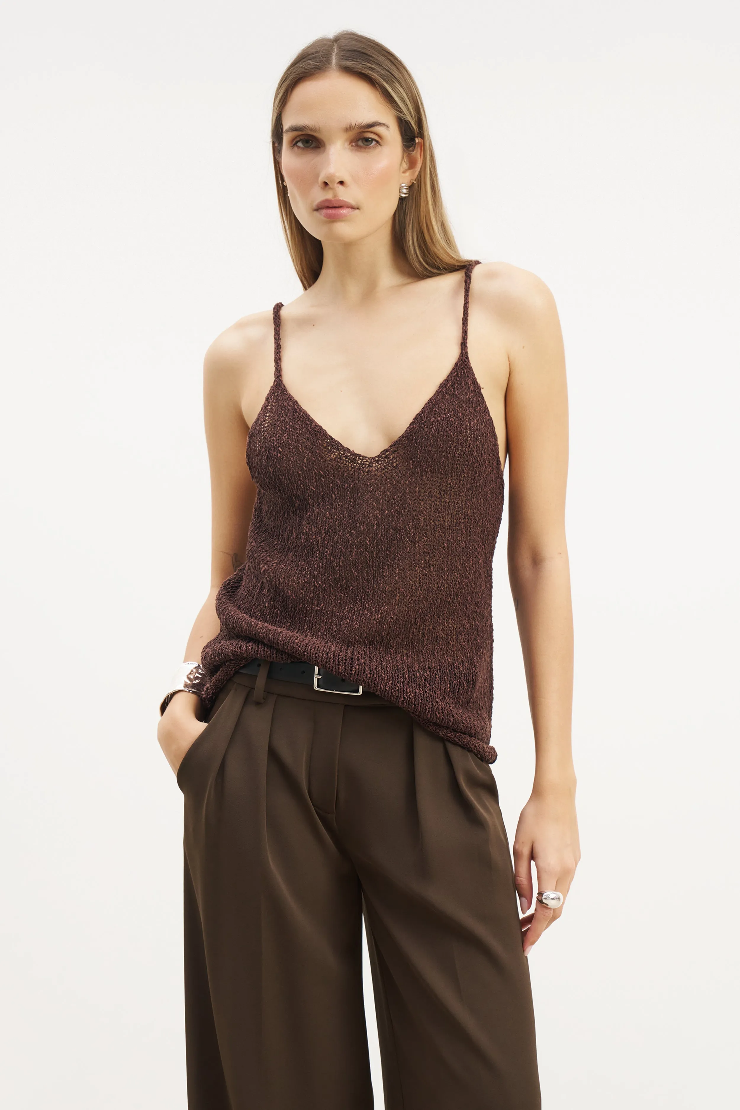 Crochet Knit Plunging Cami Top - Carob Modern Texture
