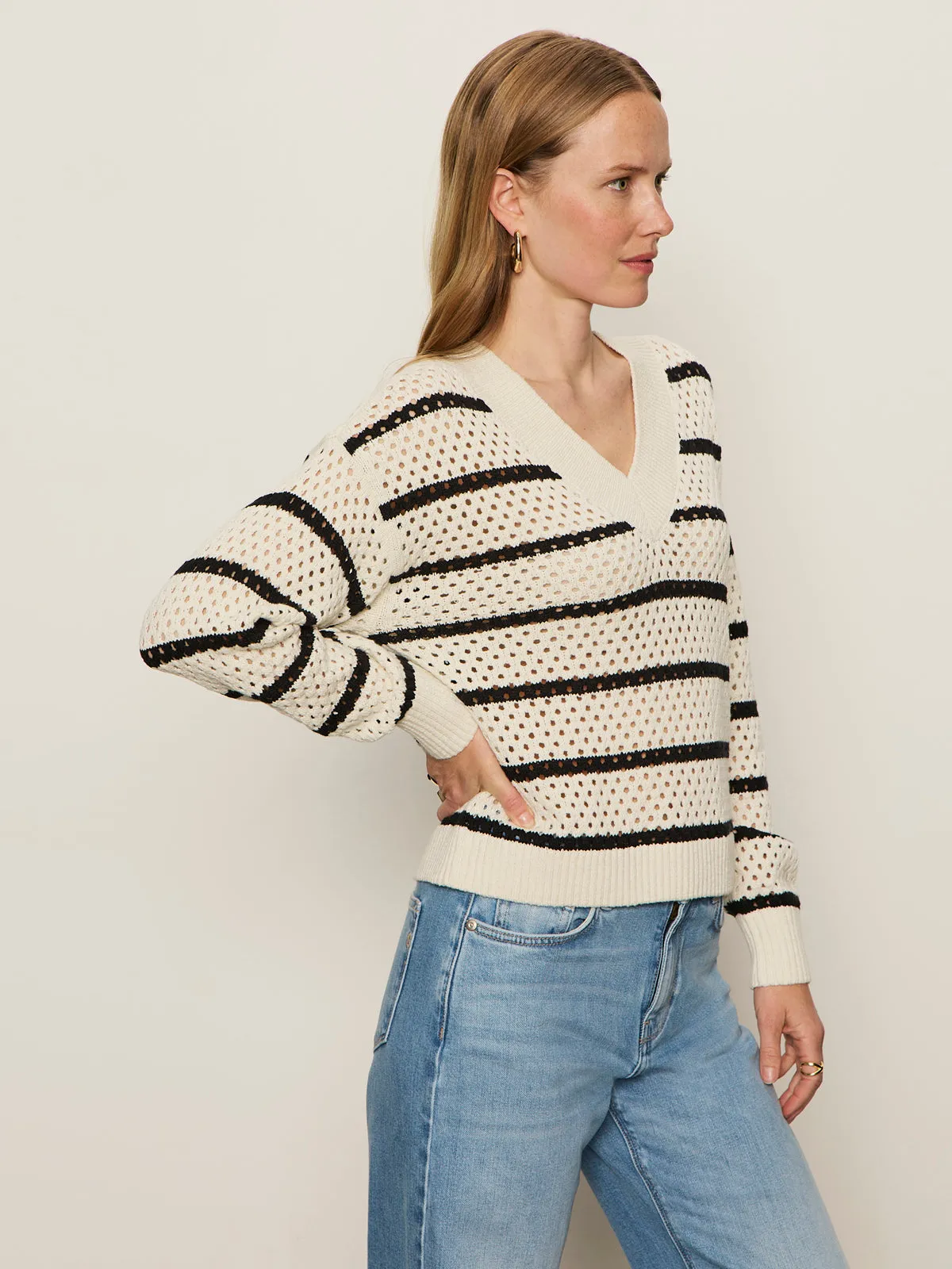 Machine washable Airy Openwork Sweater Chalk Black Stripe