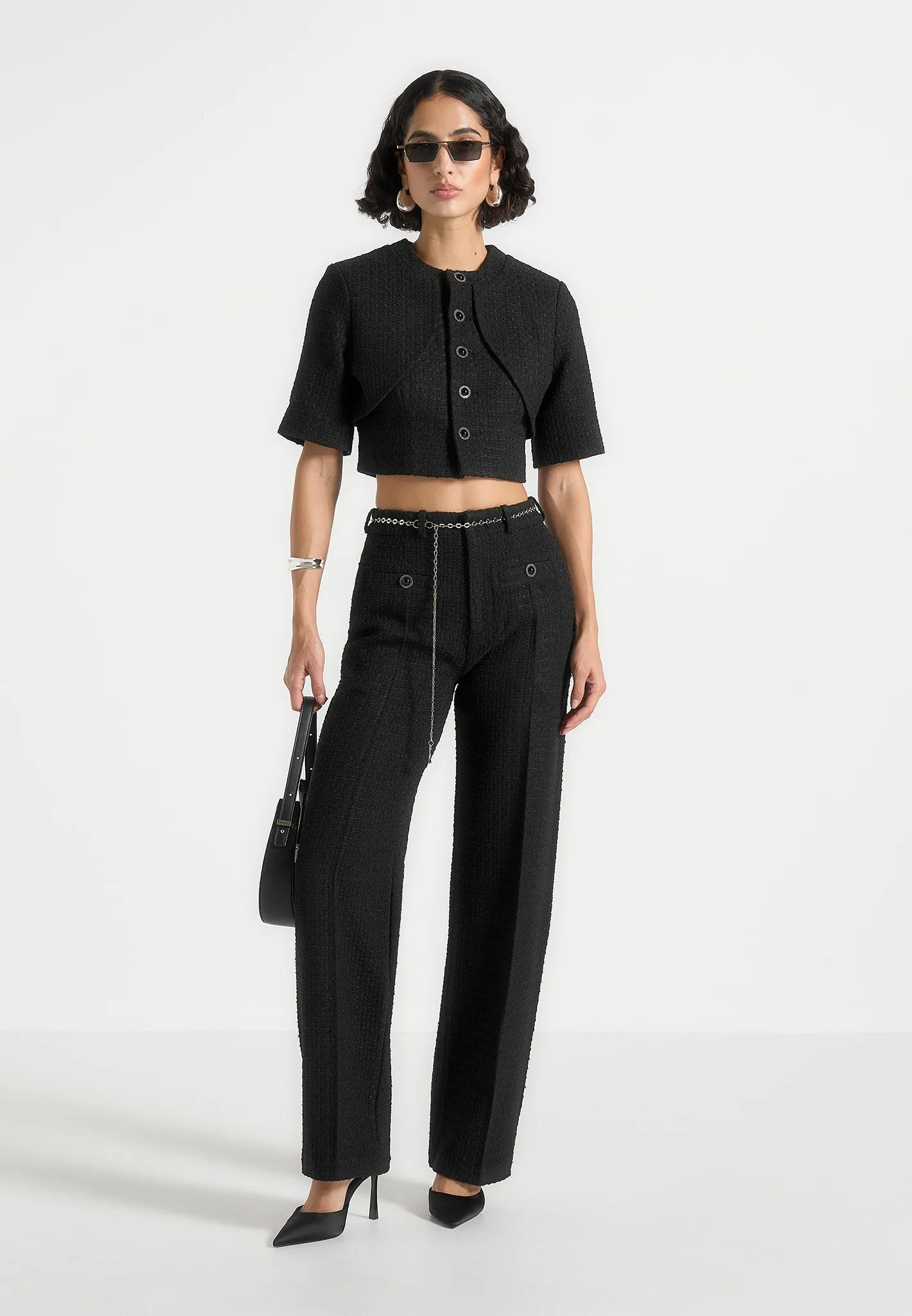 Breathable mesh lining Cozy Wardrobe Alba - Tweed Mock Neck Curve Detailing Top - Black