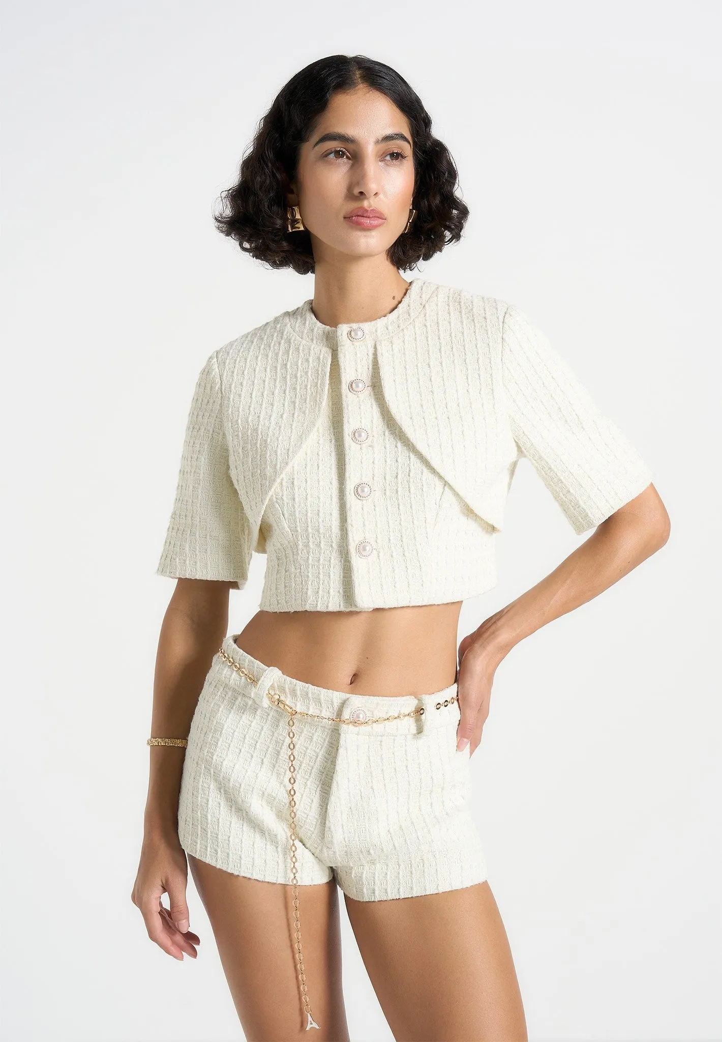 Long Lasting Color Alba - Tweed Mock Neck Curve Detailing Top - Cream