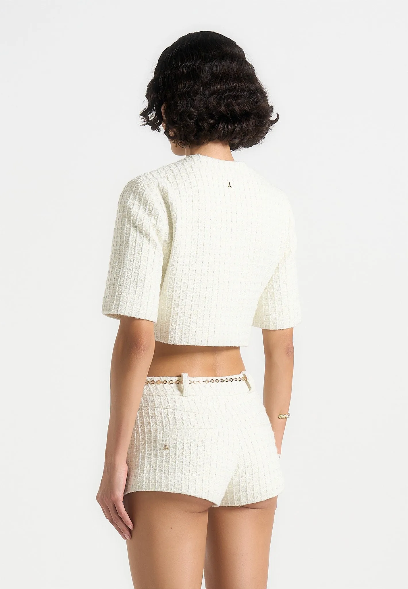 Vibrant Prints Quality Comfort Alba - Tweed Mock Neck Curve Detailing Top - Cream