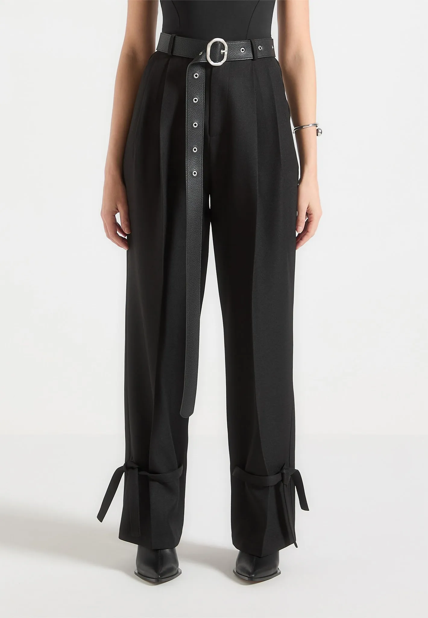 Suzanne - Tailored Trousers with Oversized Belt and Ankle Ties - Black Business Attire Fit