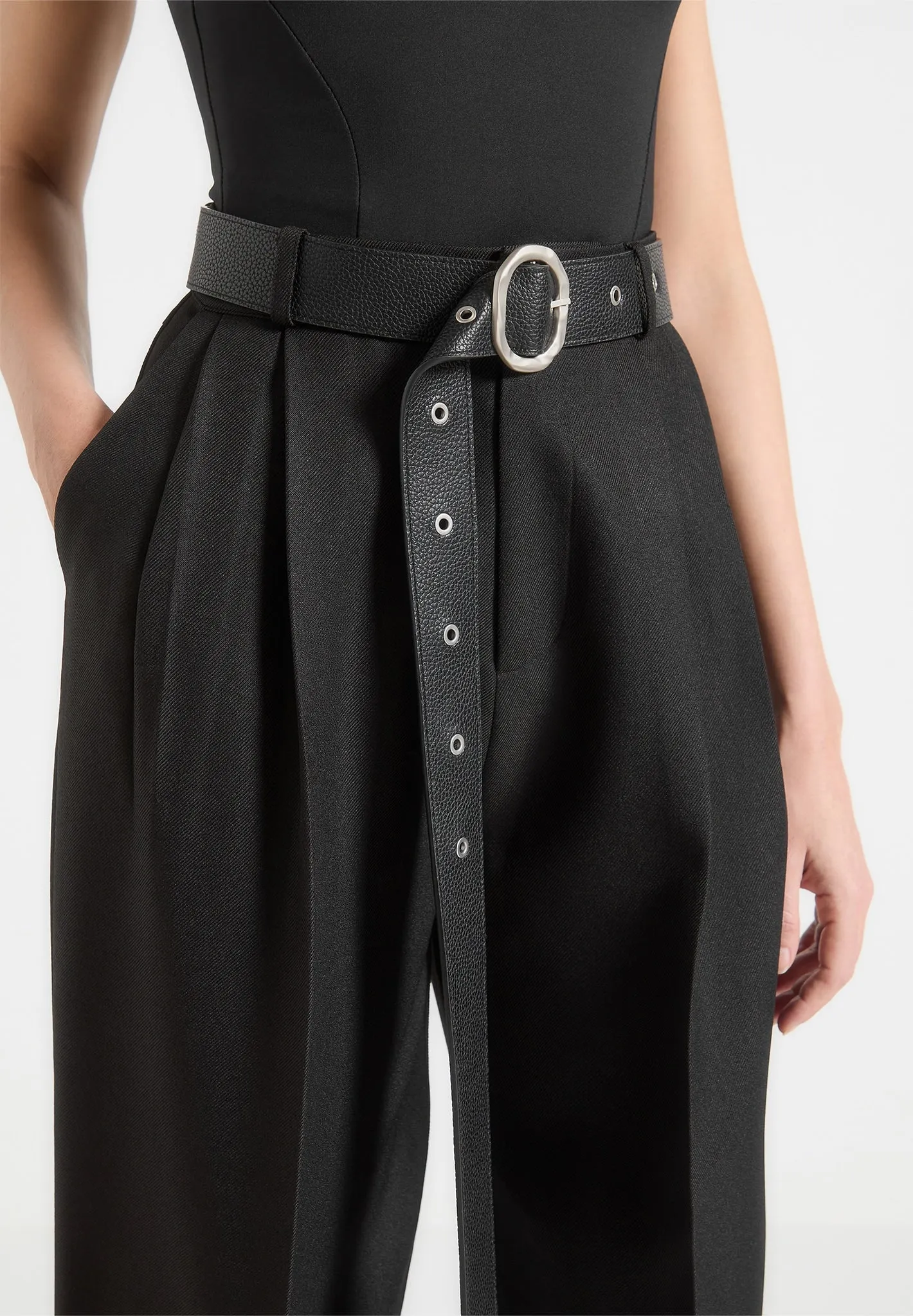Suzanne - Tailored Trousers with Oversized Belt and Ankle Ties - Black Timeless Professional
