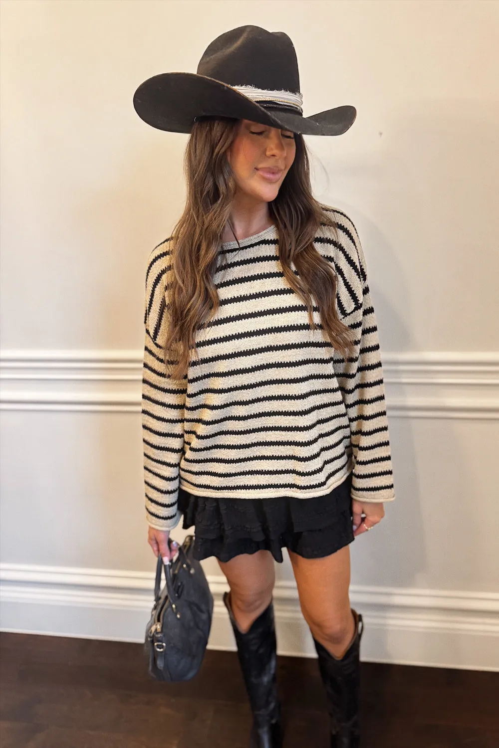 Resilient Fabric Blend Hidden Pocket Coastal Stripes Pullover Sweater-Ivory