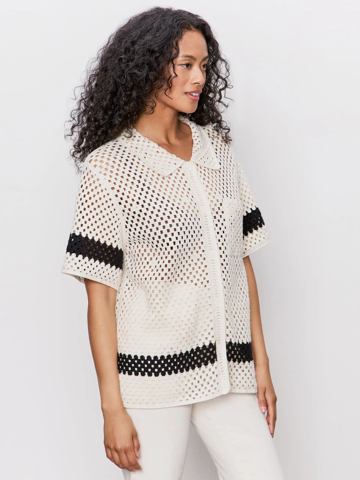 Ribbed collar Crochet Resort Shirt Macrame Black