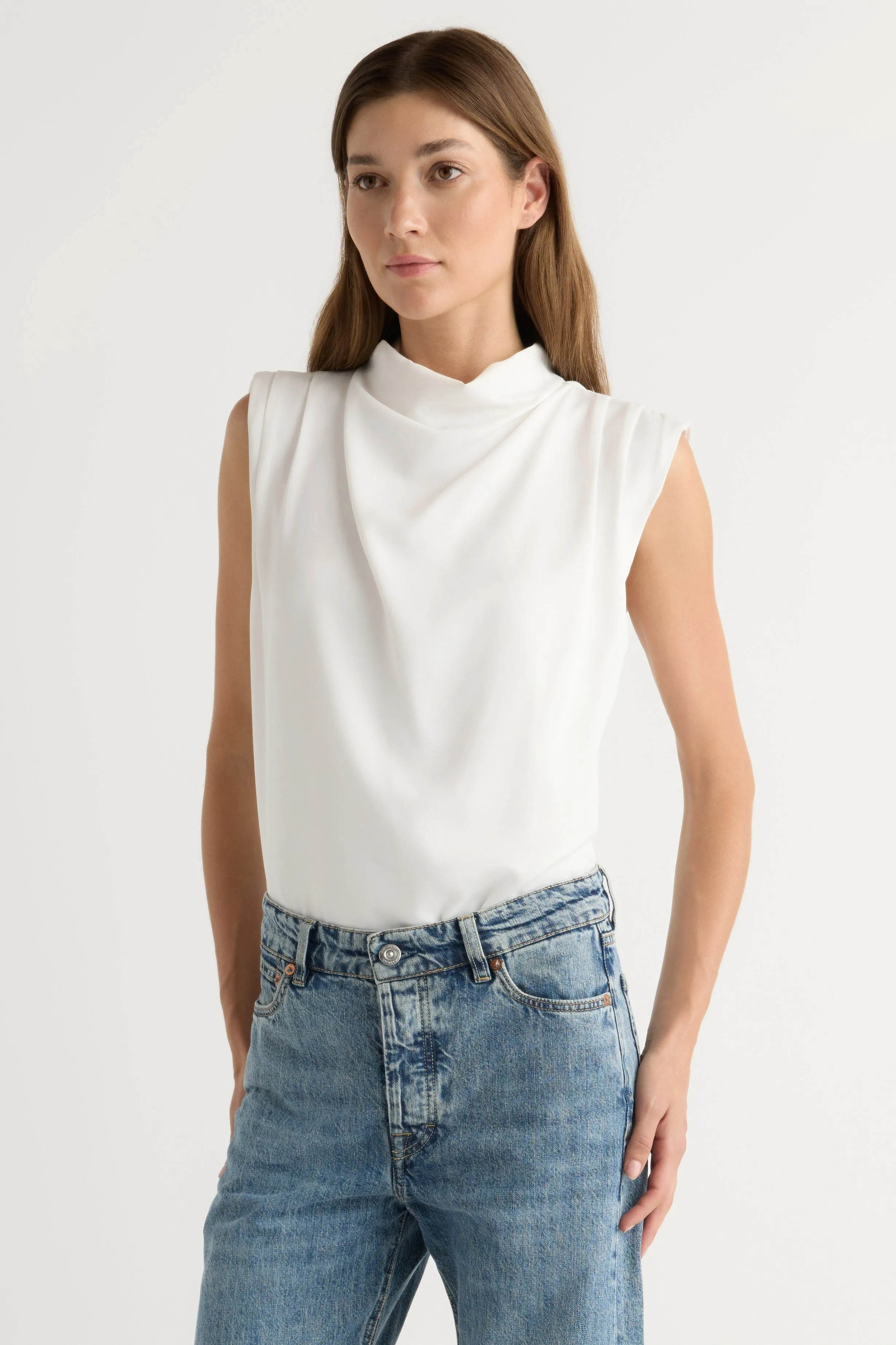 Allegra Gathered-Neck Sleeveless Blouse BoxySilhouette Layered Shoulder