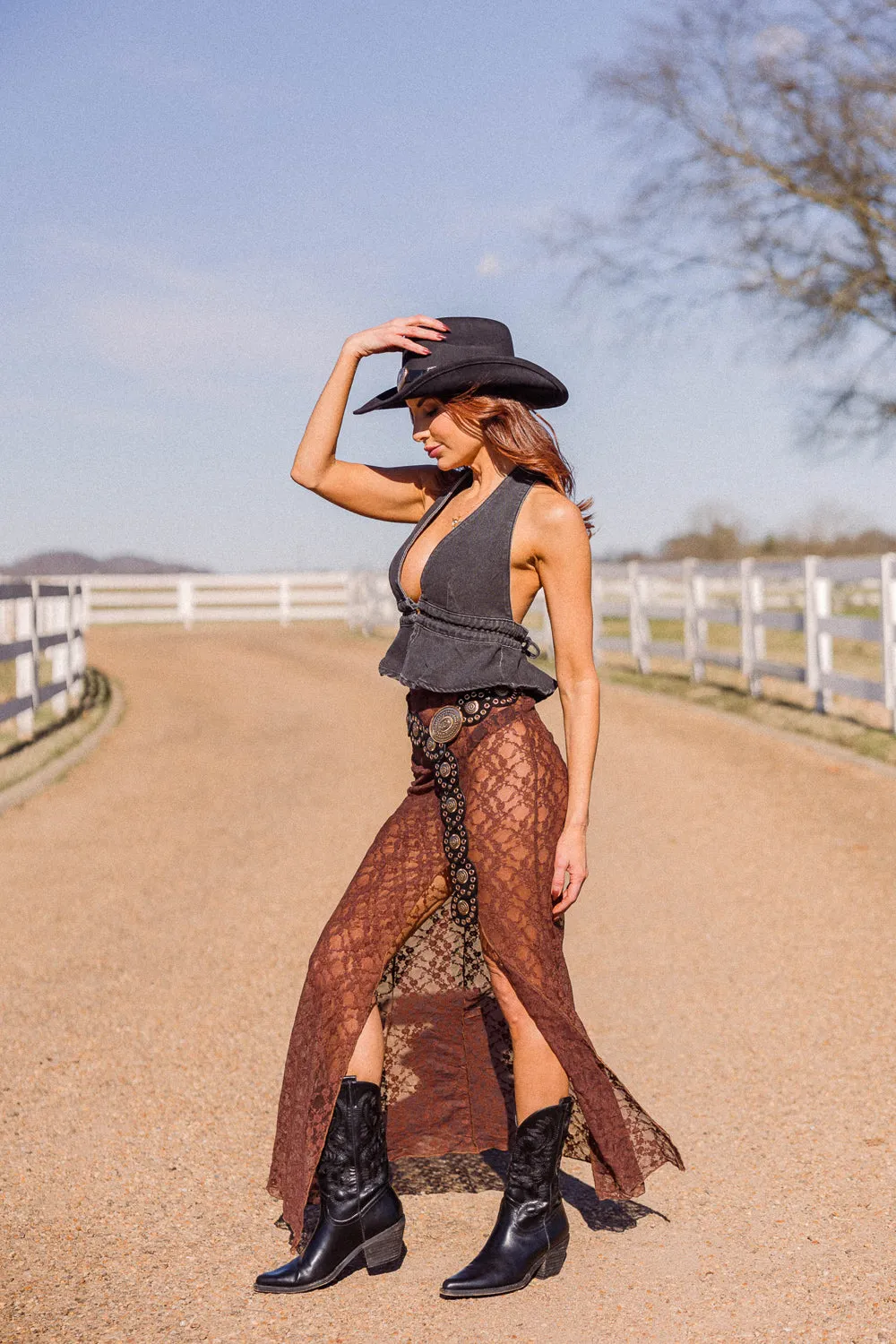 Amber Lace Maxi Skirt- Brown UV protection coating Low Profile Zipper