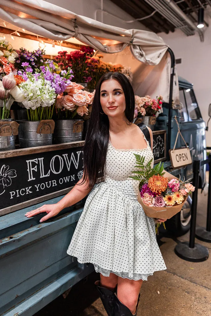 SnagProof Textured Weave Pattern Amelia Polka Dot Corset Dress- Ivory