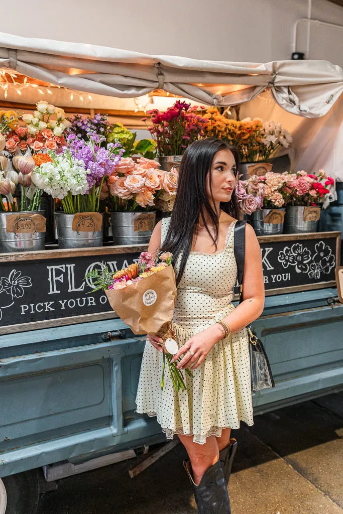 Tagless Neckline NonRestrictive Fit Amelia Polka Dot Corset Dress- Ivory