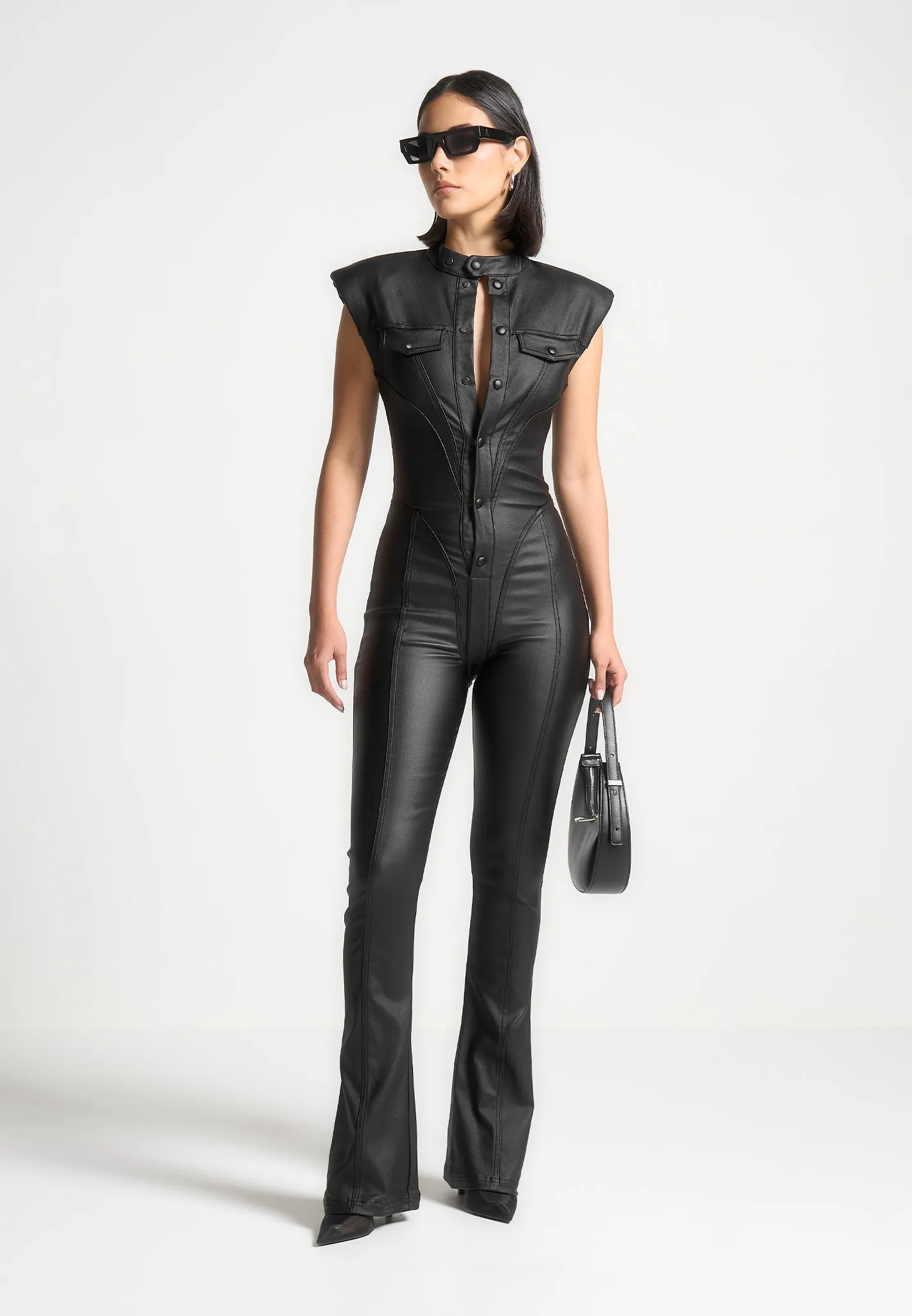 Annette - Wax Coated Denim Jumpsuit - Black Midweight Four Way Stretch