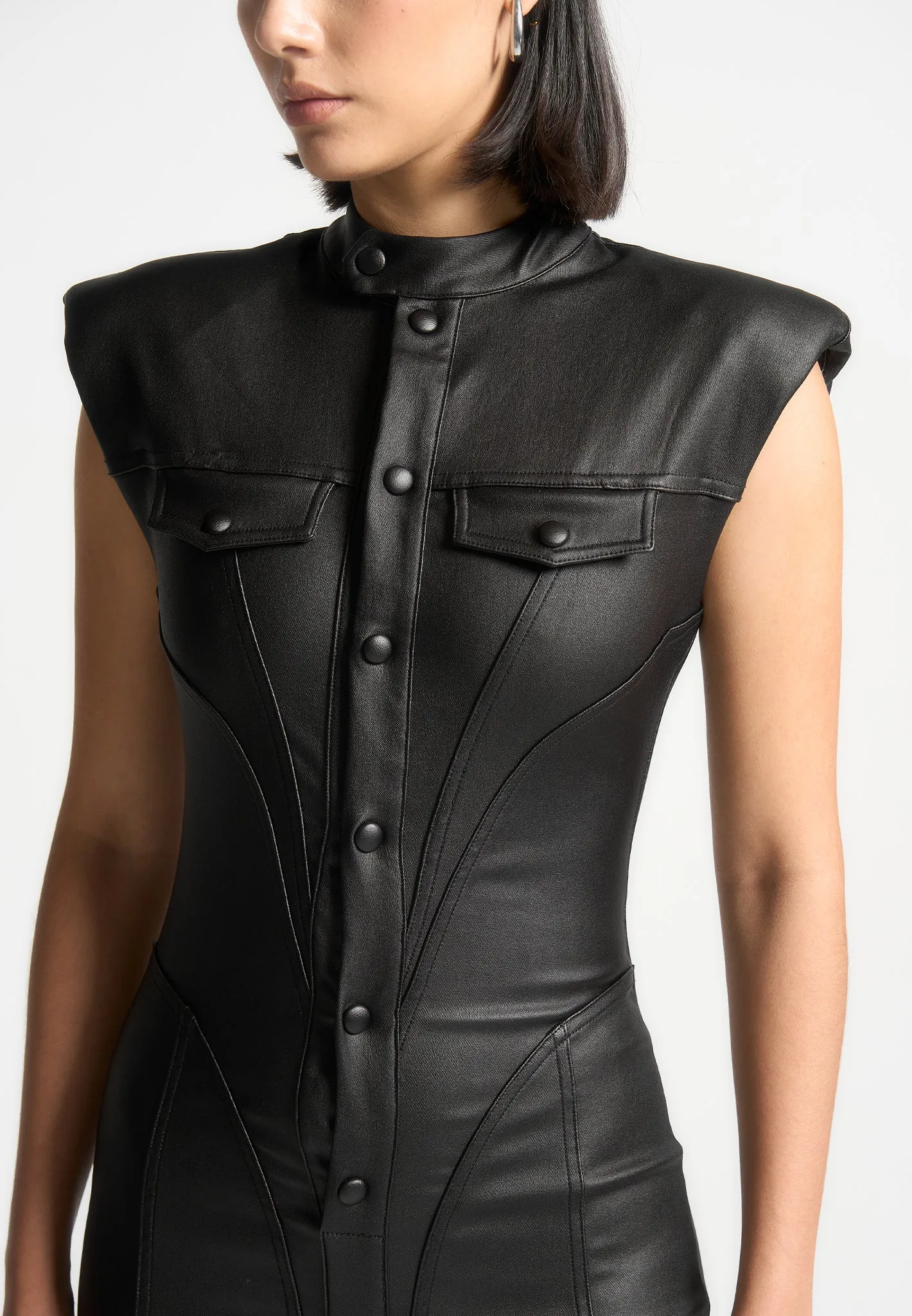 MultiPocketDesign Knit Fabric Technology Annette - Wax Coated Denim Jumpsuit - Black