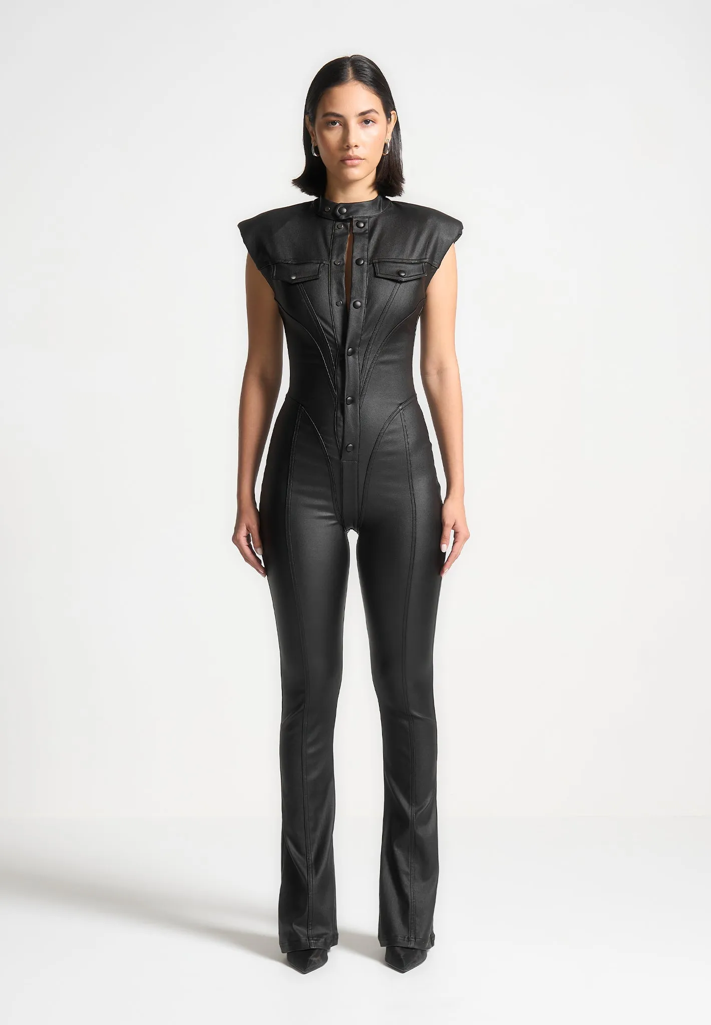 Annette - Wax Coated Denim Jumpsuit - Black Cozy Knit ZeroWaste Construction