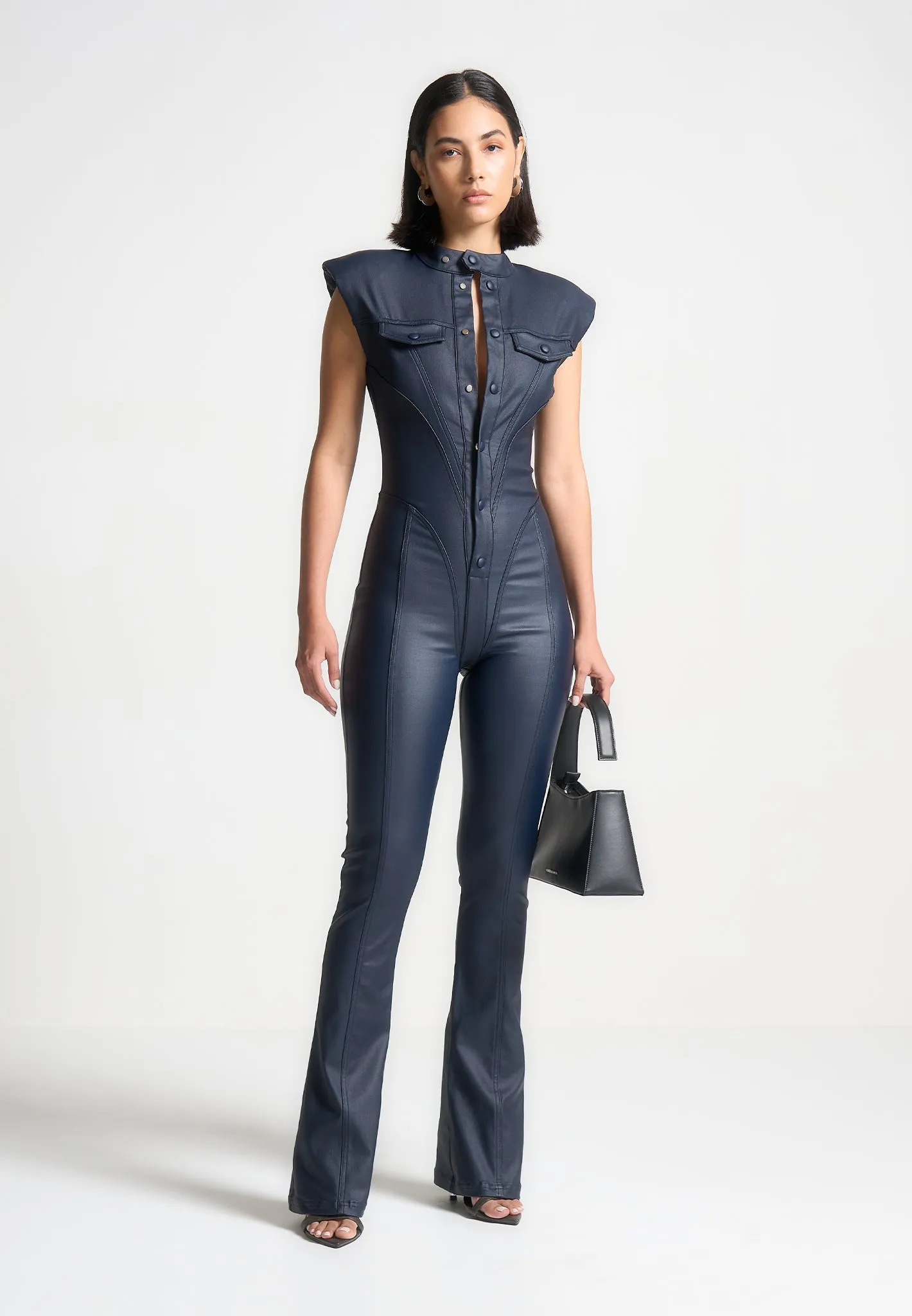 Annette - Wax Coated Denim Jumpsuit - Indigo Water Repellent Finish