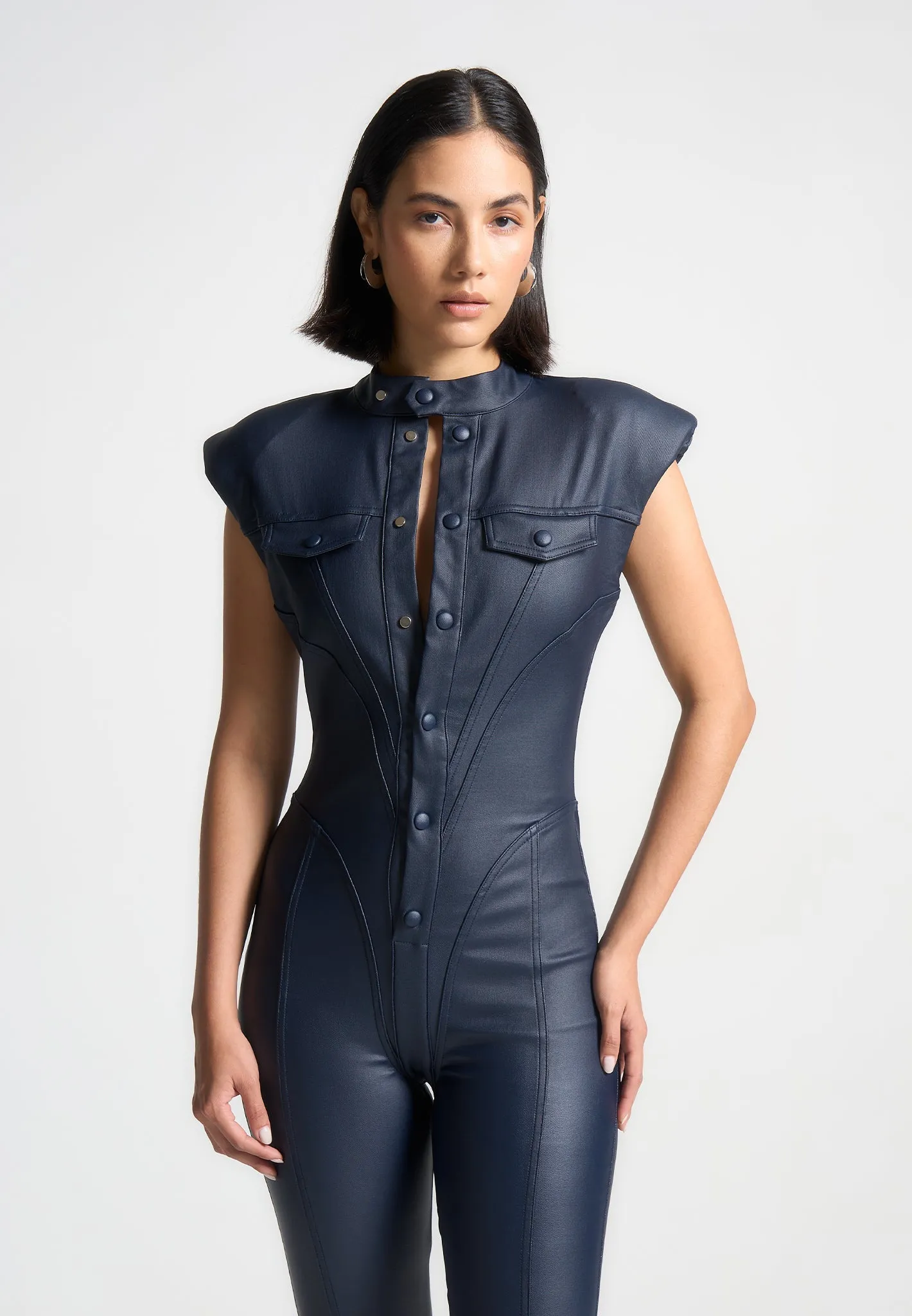 Annette - Wax Coated Denim Jumpsuit - Indigo AntiPill Surface AllPurpose Design