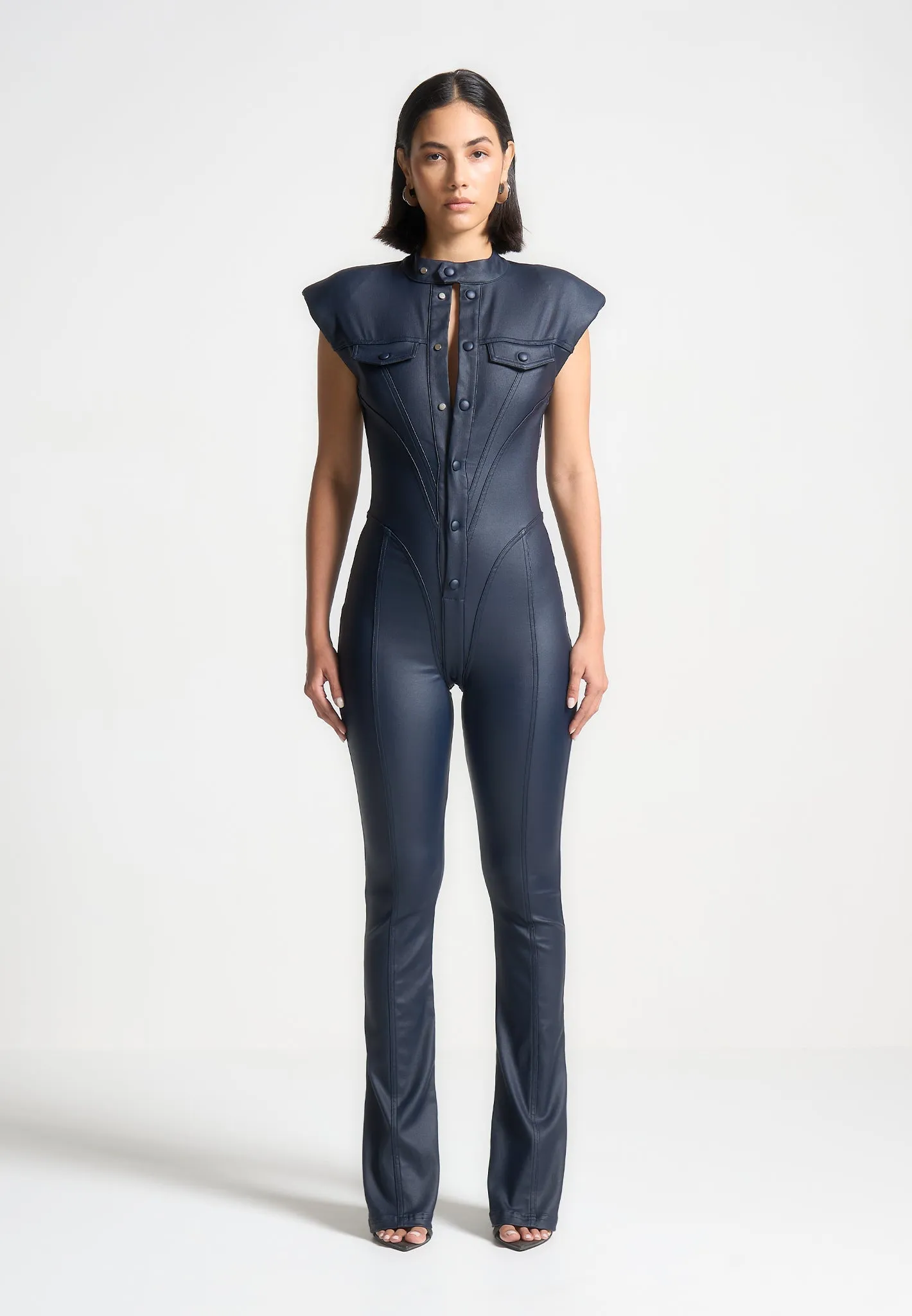 Annette - Wax Coated Denim Jumpsuit - Indigo SweatGuard Lining Adjustable drawstring