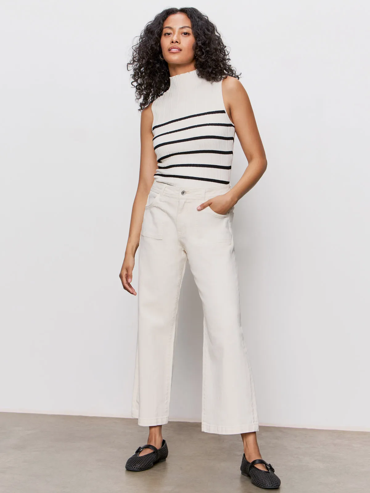 Breathable Design Ribbed Funnel Neck Top Light Oat/Black