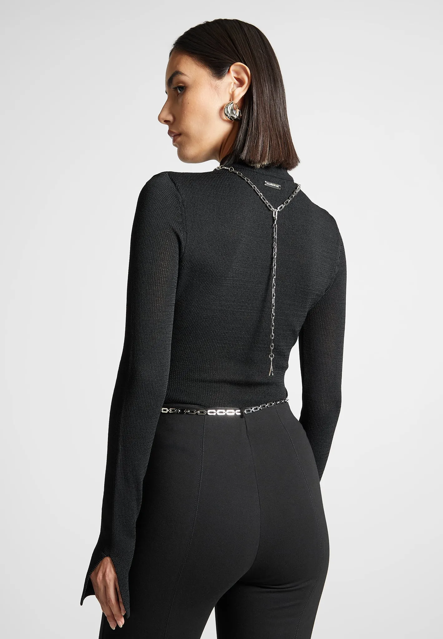 Contour Knit Bodysuit with Chain - Black Regular Fit