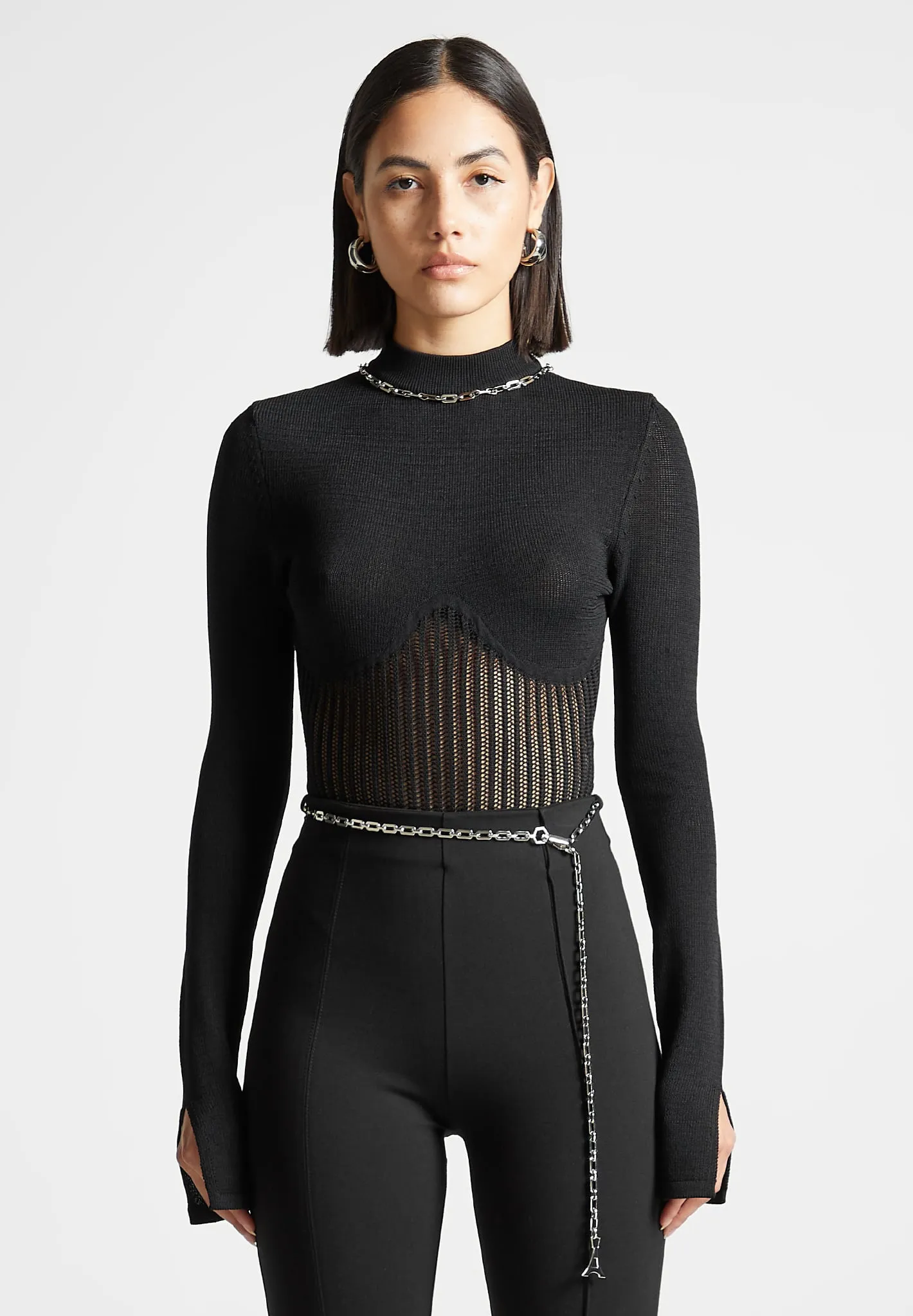Retro nostalgia Chic Fit Contour Knit Bodysuit with Chain - Black