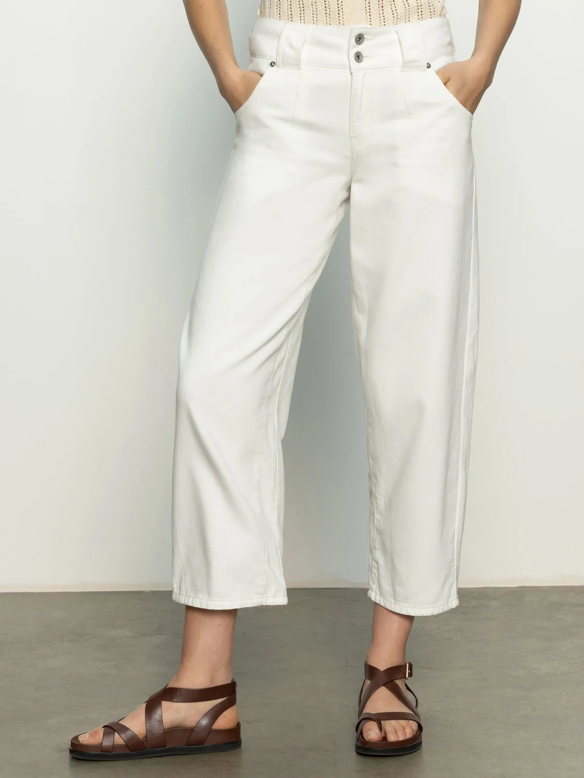 Side Car Semi High Rise Barrel Jeans Bleached White Adjustable Closure High Density Weave