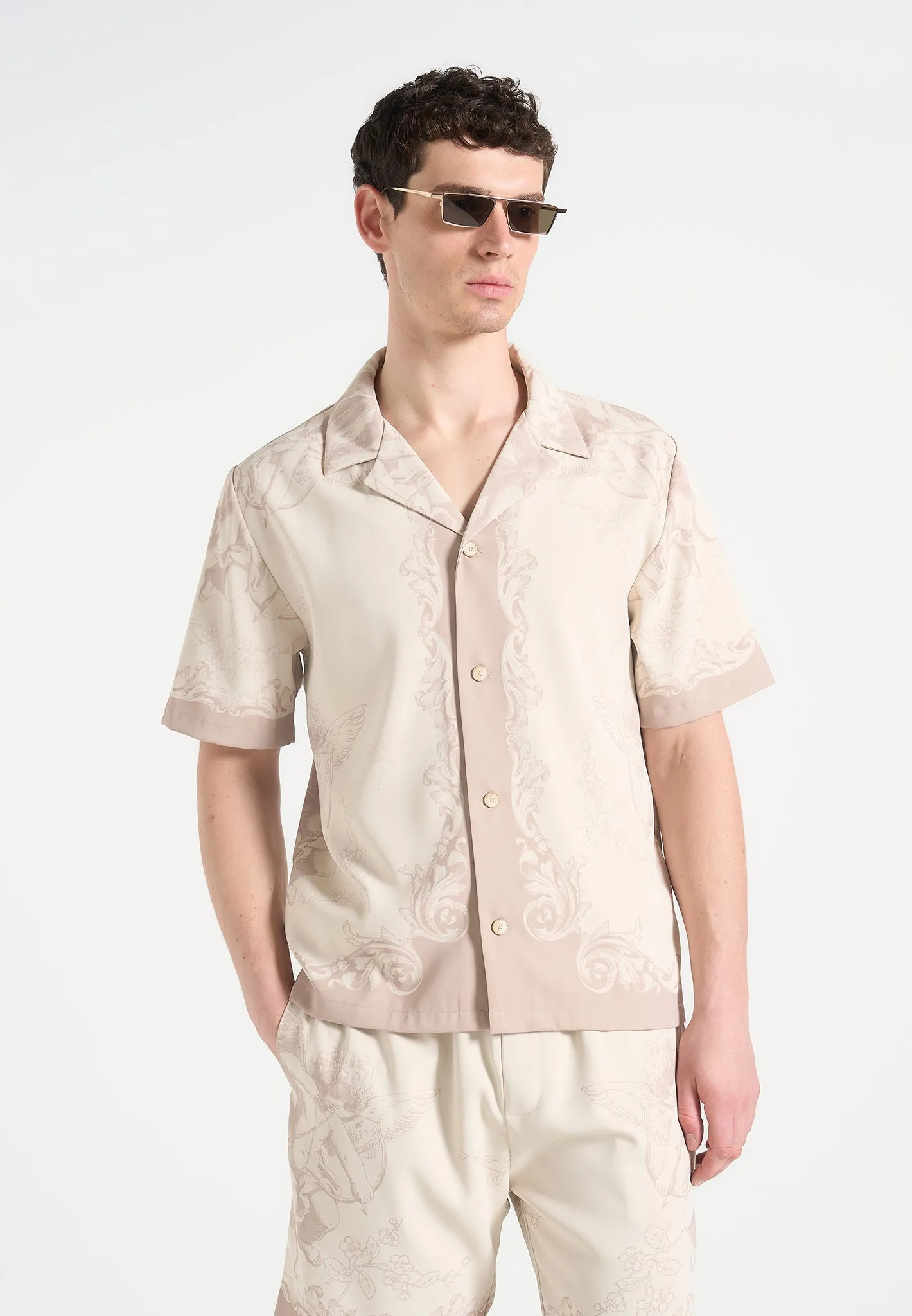 Marc - Signature Baroque Resort Shirt - Cream/Beige Relaxed Crew Neck Opening