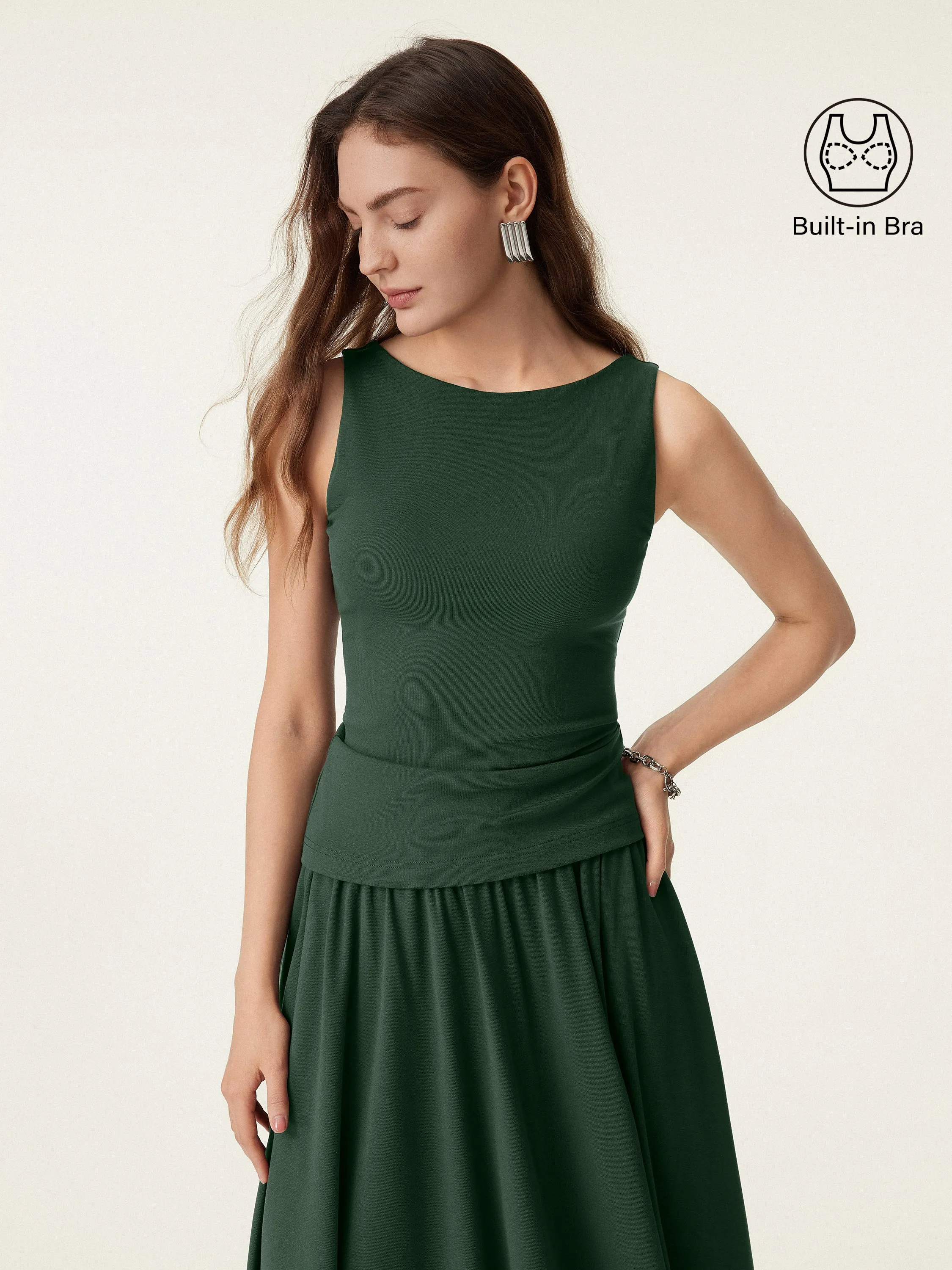 Stretch Cotton Boatneck Brami Tank Casual Sweater Fleece Pullover