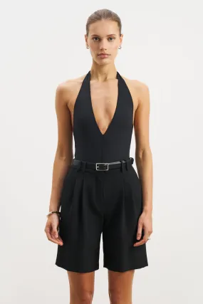V Neck Plunge Bodysuit - Black Stretchable Waistband